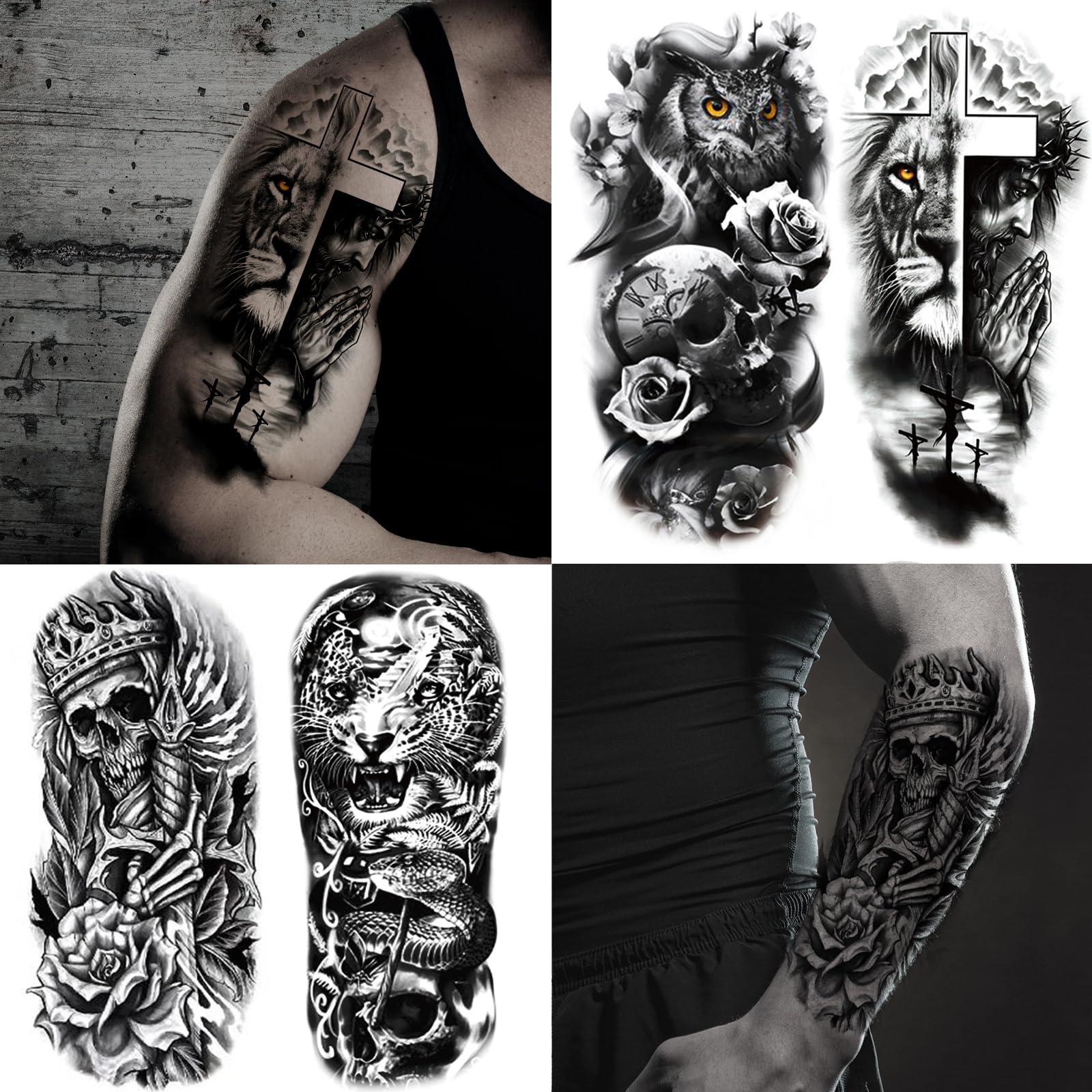 JEEFONNA 72 Sheets Temporary Tattoo for Men Women Adults, Include 12 Sheets Black 3D Half Sleeve Temporary Tattoos, Halloween Tattoos Scary Lion Wolf Tiger Skull Skeleton Tattoos Stickers - Image 2