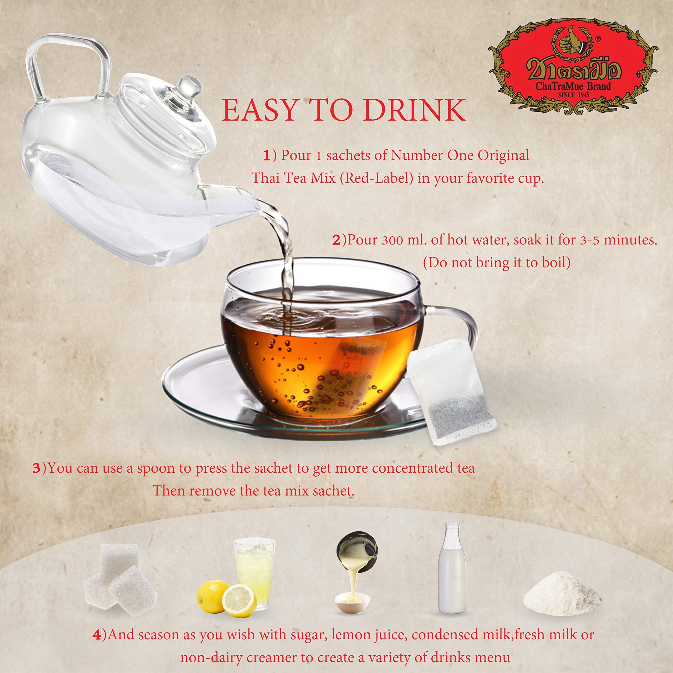 Number One Original Thai Tea Mix ChaTraMue Thai Tea for Boba Tea, Hot Tea, Iced Tea (Red Label 50 Tea Bags) - Image 3
