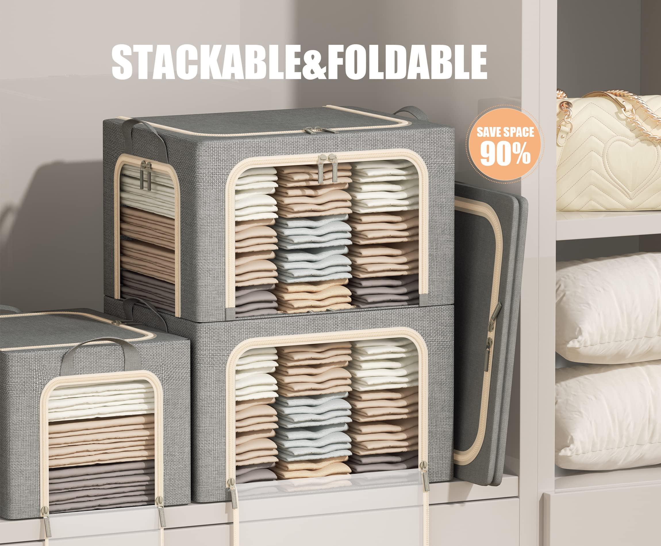 3 Openings Clothes Storage Bins with Metal Frame, Foldable Storage Bin for Clothes, Clothing Storage Bins with Lid, Linen Storage Box With Clear Window＆ Zippers＆ Durable Handles.(3 Pcs,Light Grey,40L) - Image 3