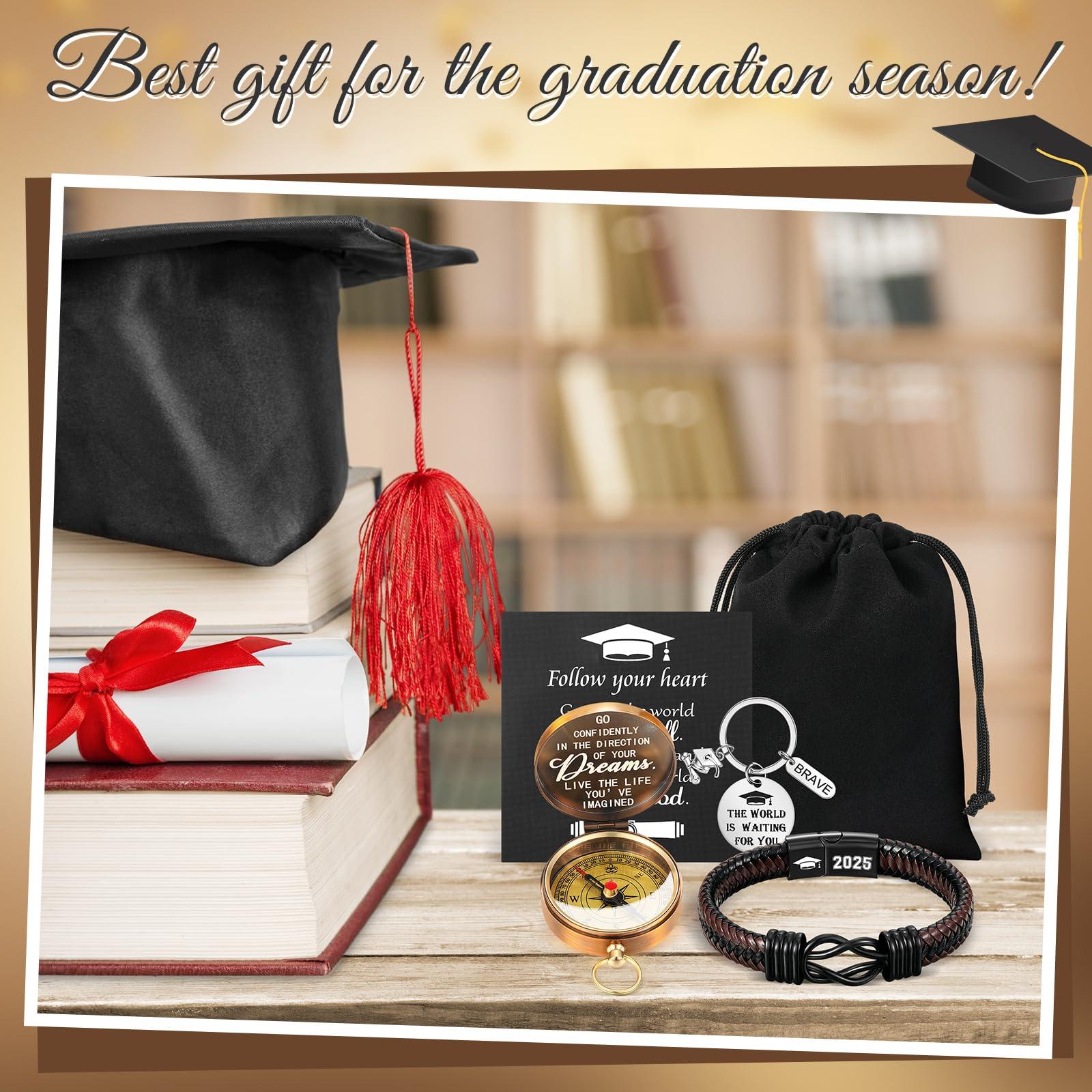Quelay 5 Pcs Compass Graduation Gift Class of 2025 Engraved Compass Keychain Leather Stainless Steel Knot Bracelet Inspirational Card and Drawstring Bag High School College Graduation Gifts for Him - Image 5