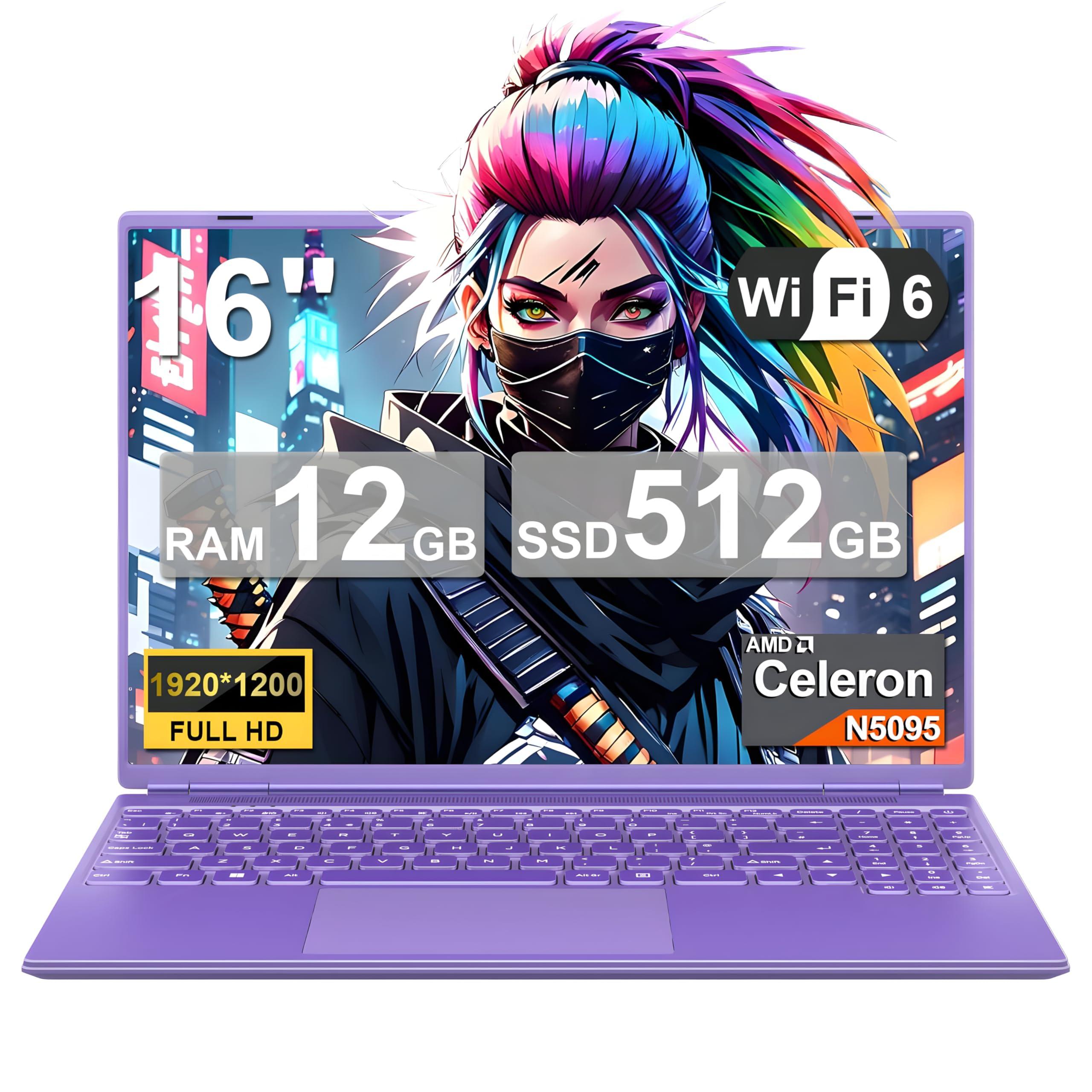Laptop 16" 12GB+512GB SSD Celeron N5095 Up to 2.9 GHz Win 11 Laptop Support 512GB TF 1TB SSD Expand Notebook with 1920*1200 FHD 5G WiFi BT 4.2 Webcam Cooling Fan for Students and Business-Purple