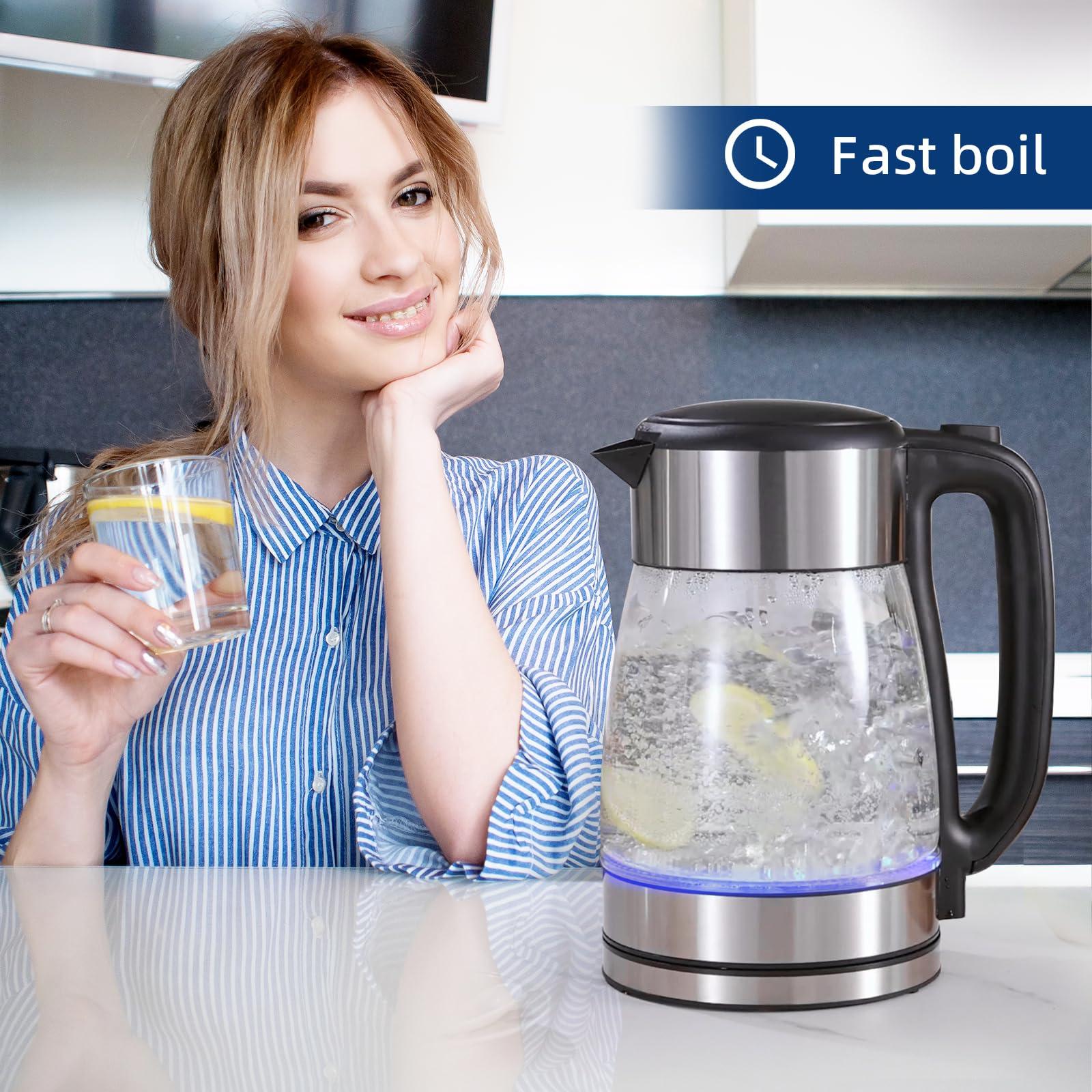 YANDEA Electric Kettle(Blue LED light), Hot Water Boiler, Auto Shut Off, Boil-Dry Protection, Upgrade lid with safety lock, Filter, BPA Free, Borosilicate Glass Electric Tea Kettle (YDK-1708（2.0L）) - Image 2