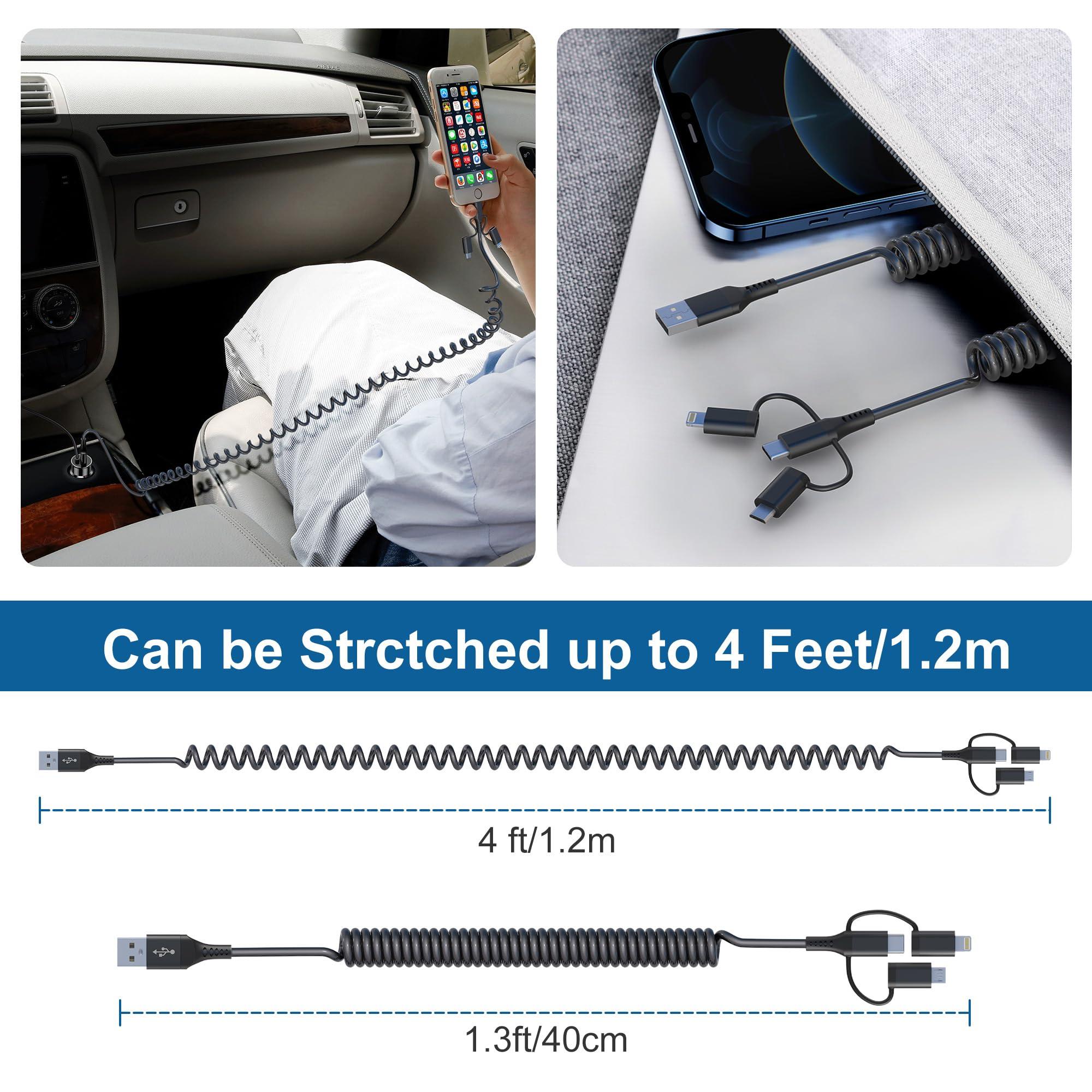 Coiled Multi Charging Cable 3-in-1,USB to Lightning/Type C/Micro USB Phone Car Charger Cord,Compatible Apple Carplay & Android Auto,MFi Certified & Data Sync for iPhone 16 15 14 13 Android Samsung - Image 8