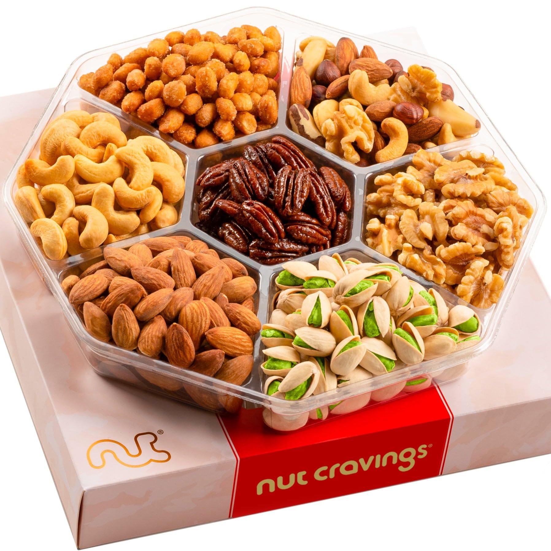 NUT CRAVINGS - Mixed Nuts Gift Basket in Red Gold Box (7 Assortments, 1 LB) Food Arrangement, Healthy Snack Care Package, Kosher