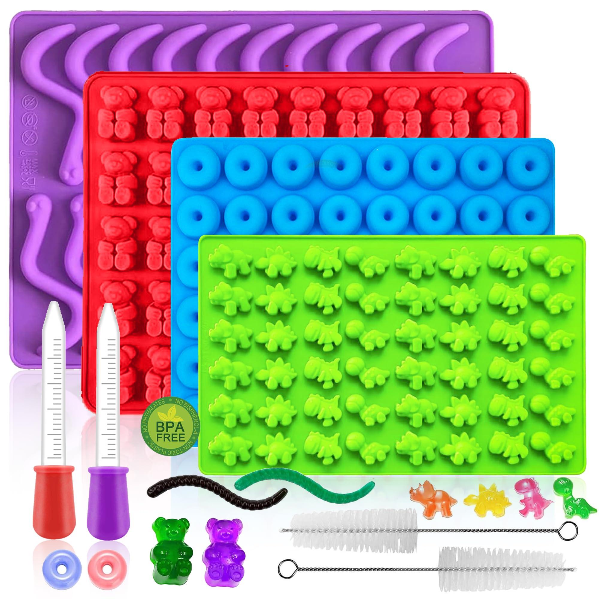 4 Pcs Silicone Gummy Candy Molds Kit with 2 Droppers | Non-Stick Large Bear/Dinosaur/Donut/gummy worm 200+ Cavities | BPA Free Chocolate Jello Molds for Kids, DIY Baking & Party Favors