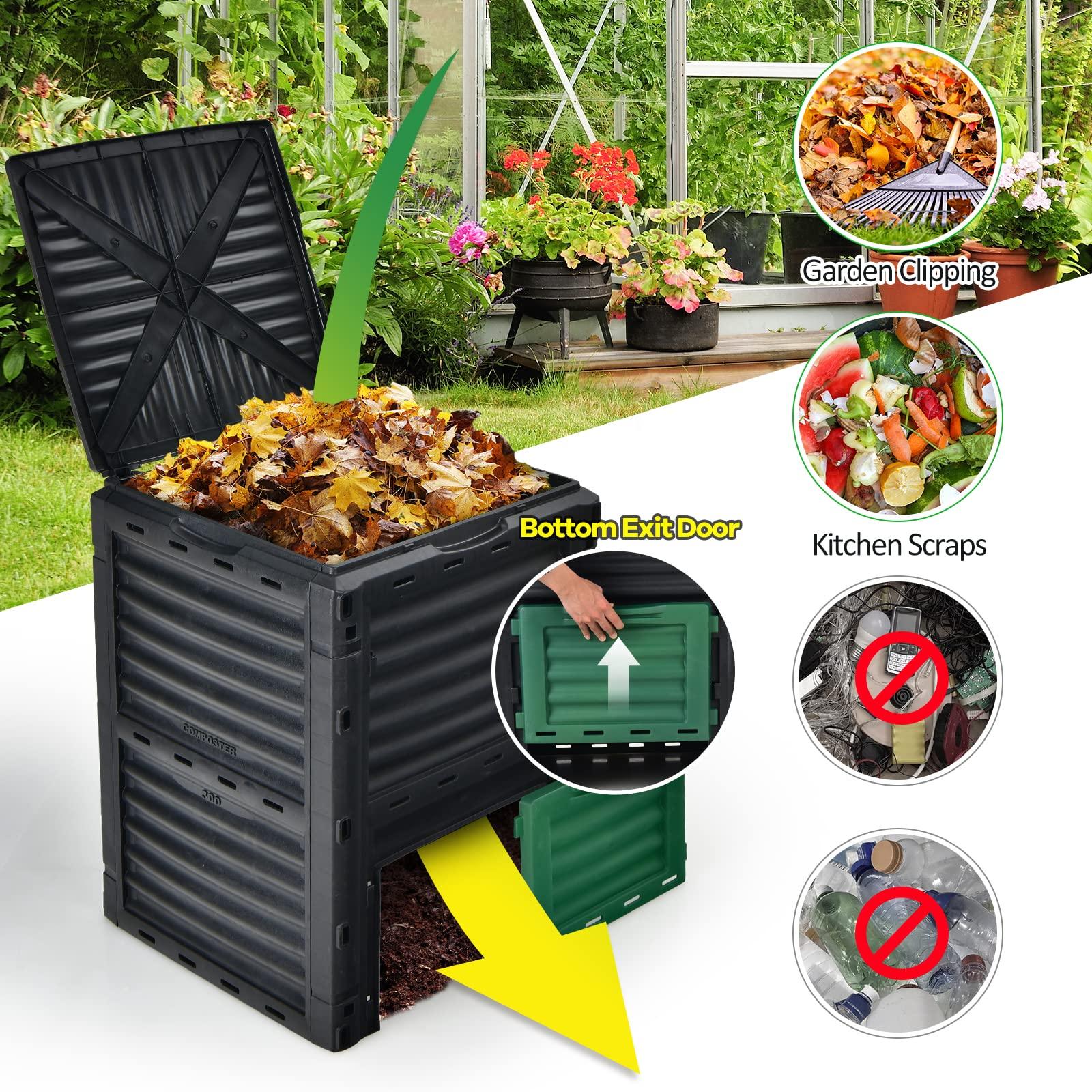 Goplus Compost Bin, 80 Gallon (300 L) Large Outdoor Composting Box w/Top Flip Latch-on Lid, Bottom Exit Door, BPA Free Material, Grass Food Trash Composter Barrel for Garden Yard, Easy Assembly - Image 5