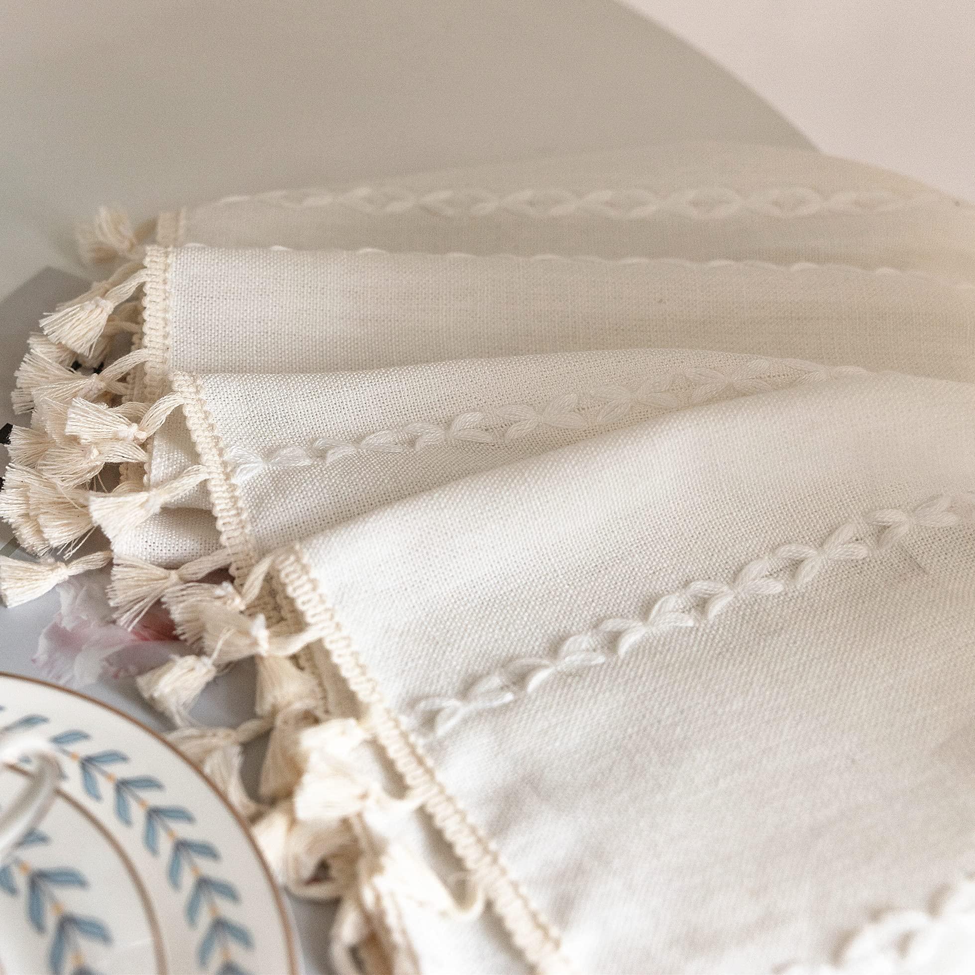 Deeprove White Boho Curtains 84 Inches Long for Bedroom Living Room, Cream Chic Linen Cotton Embroidered Semi Blackout Bohemian Farmhouse Window Treatment Drape Vintage Tassels, 1 Panel W52 x L84 - Image 3