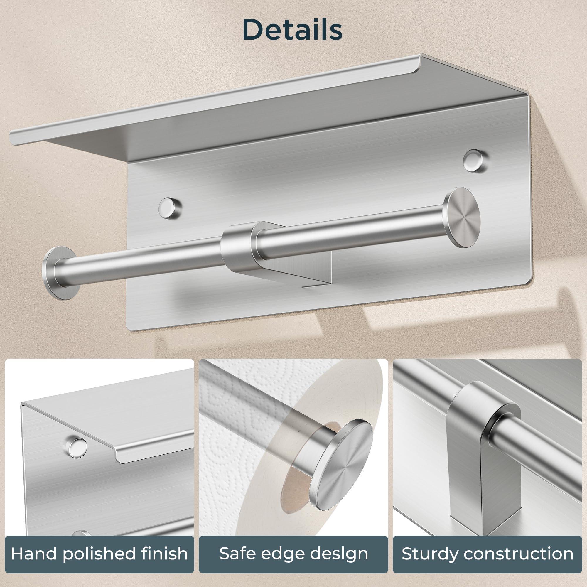 FORIOUS Double Toilet Paper Holder with Shelf, Wall Mount Tissue Roll Holder for Bathroom, 304 Stainless Steel Commercial Toilet Paper Dispenser with Phone Shelf, Brushed Nickel - Image 5