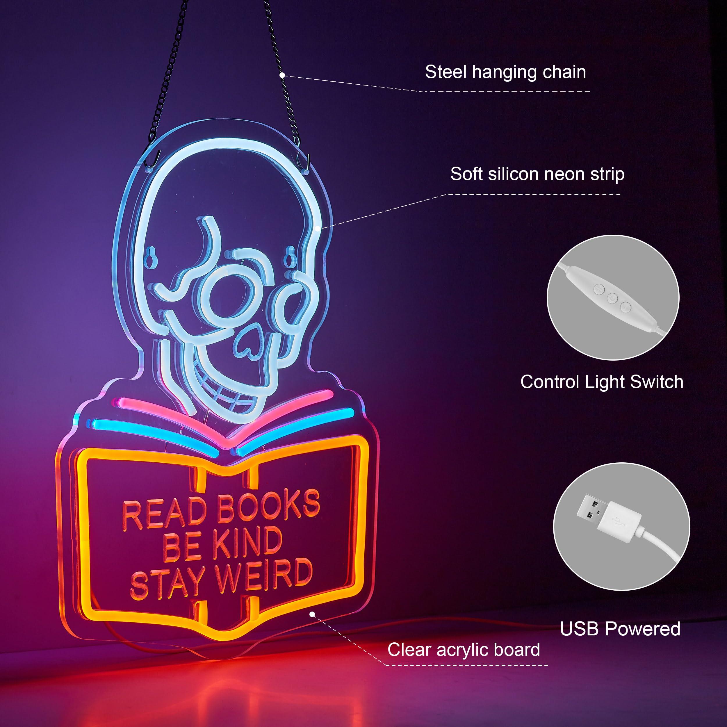 Read Books Be Kind Stay Weird Neon Sign for Wall Décor Dimmable LED Skull Neon Light USB Powered Neon Art Signs Decor - Image 4