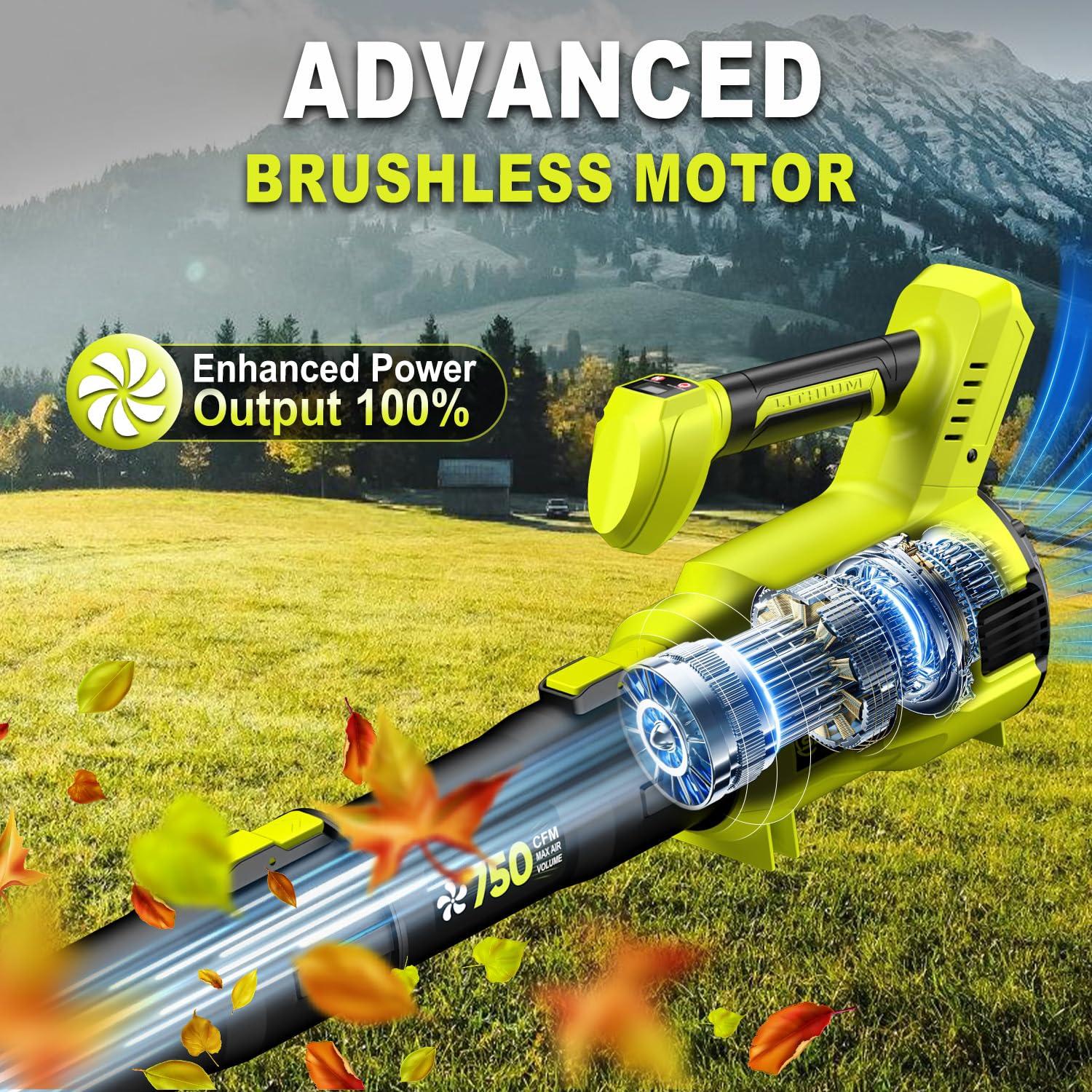 Cordless Leaf Blower, 550CFM (160MPH) Brushless Turbo Blower, 24V High Power Battery Powered Leaf Blowers with 2x4.0Ah Battery & Charger, Electric Blowers Variable Speeds for Lawn&Garden (RyobiGreen) - Image 3