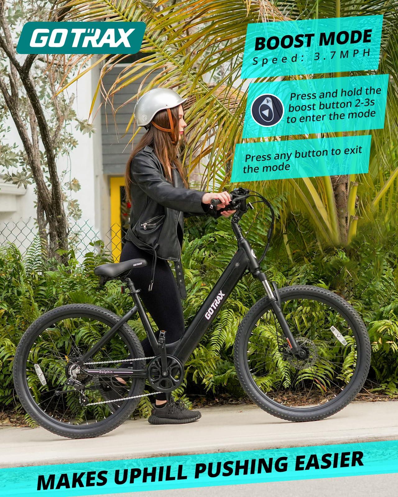 Gotrax Dolphin 26" Electric Bike, Max Range 30Miles(Pedal-assist1) & 20Mph Power by Peak 500W, 5 Pedal-Assist Levels & Front Suspension, 7-Speed&Boost Mode, City E-Bike for Adult, Step-Thru Bicycle - Image 4