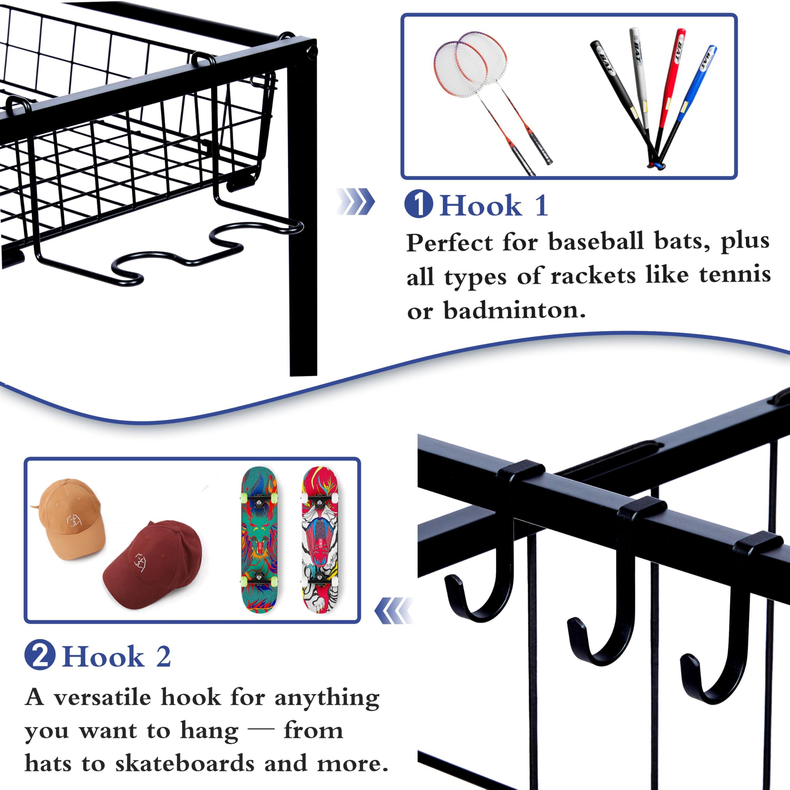 Sports Equipment Organizer, Ball Storage Rack with Elastic Straps and Removable Basket for Garage Organization, Garage Organizer with Hooks for Toy Sports Gear Storage, Sports Ball Storage Cart, Black - Image 3