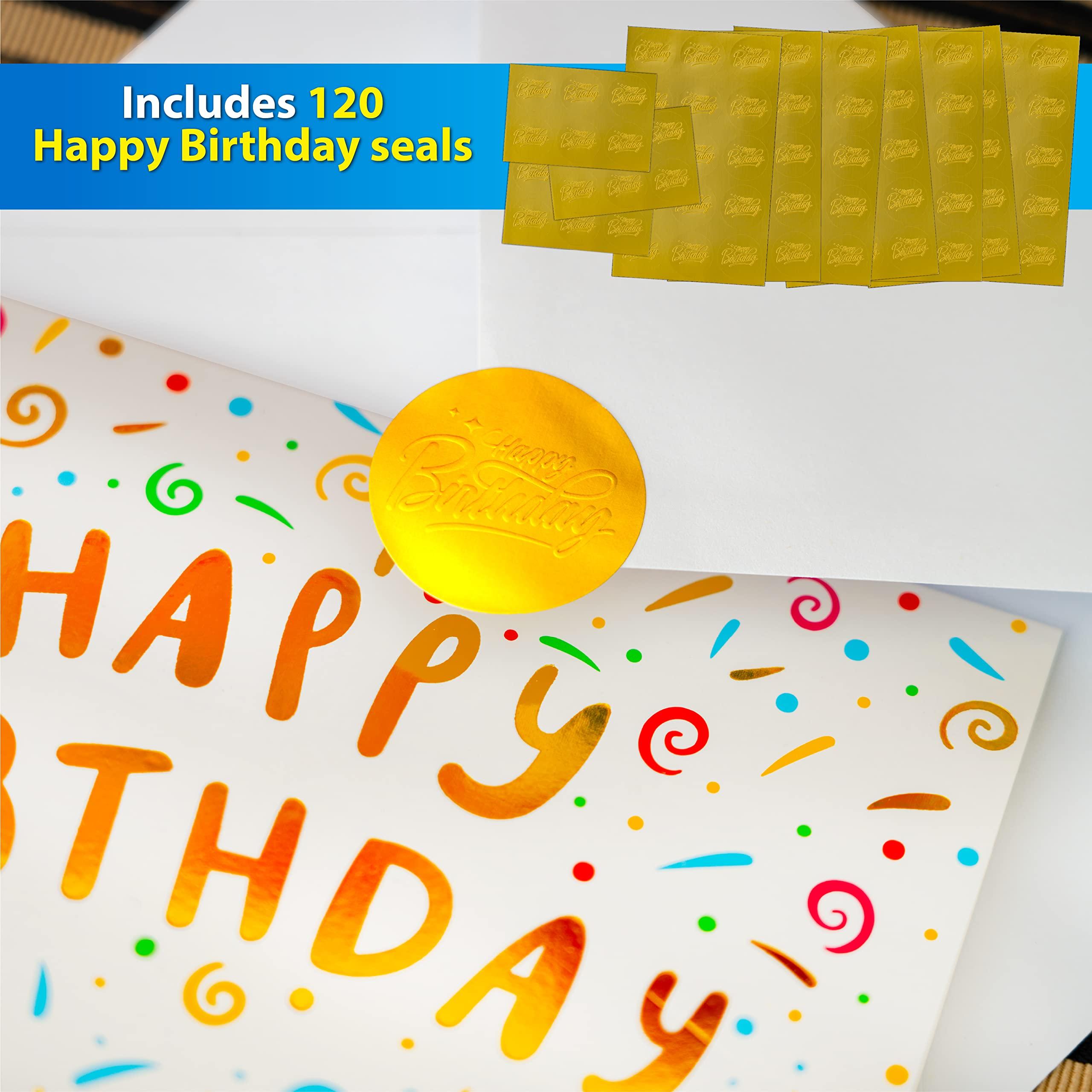120 Pack Assorted Gold Foil Happy Birthday Cards with Envelopes, Organizer Box, Stickers, and Seals - 4x6 Inches, 8 Unique Designs, Ideal for Kids, Men, Women, and Elderly - Image 4