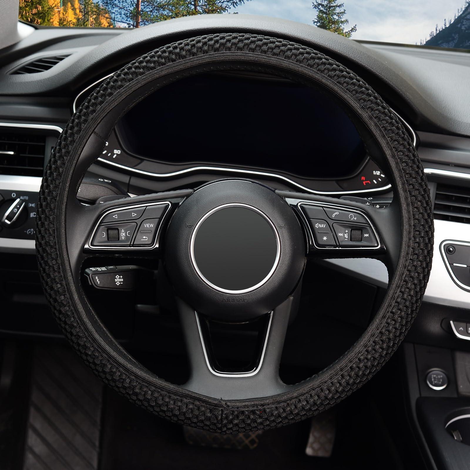 KAFEEK Elastic Stretch Steering Wheel Cover,Warm in Winter and Cool in Summer, Universal 15 inch, Microfiber Breathable Ice Silk, Anti-Slip, Odorless, Easy Carry,Black - Image 2