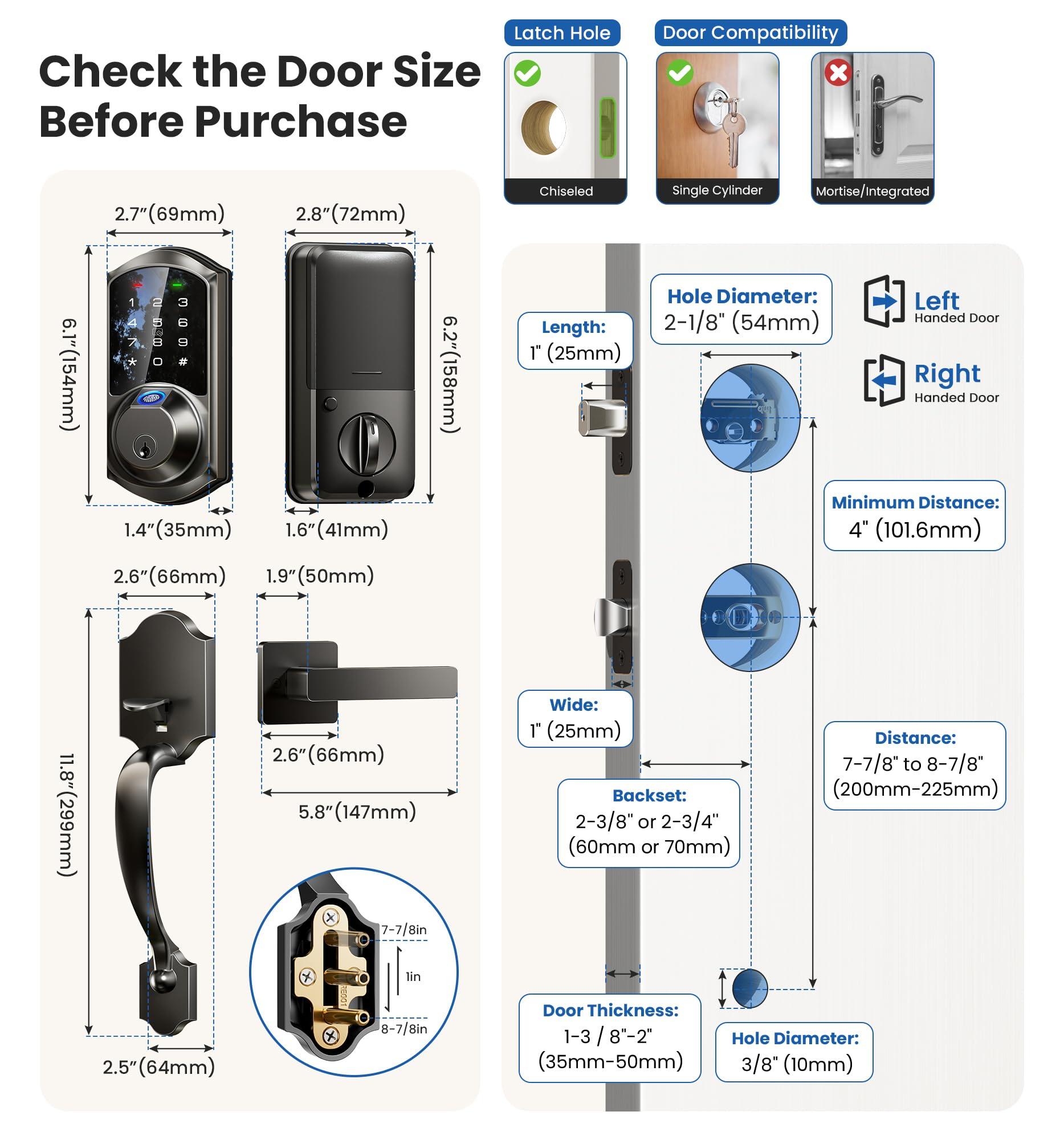 Veise VE07-H Fingerprint Smart Locks for Front Door with Handle Set, App Control, Keyless Entry Keypad Deadbolt, Digital Electronic Touchscreen, Easy Install, Auto Lock, Matte Black - Image 6