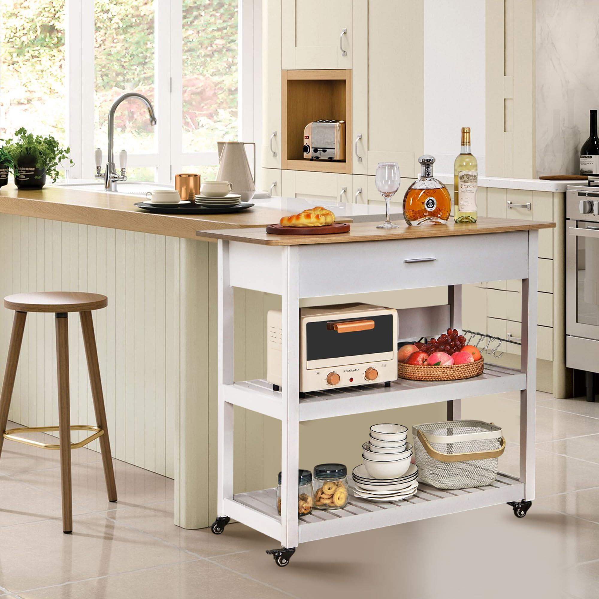 VECELO 40" Width Kitchen Island Cart on Wheels, 3 Tiers Kitchen Cart with Power Strip & Drawer, 2 Spacious Storage Shelf, Easy to Clean, White - Image 2