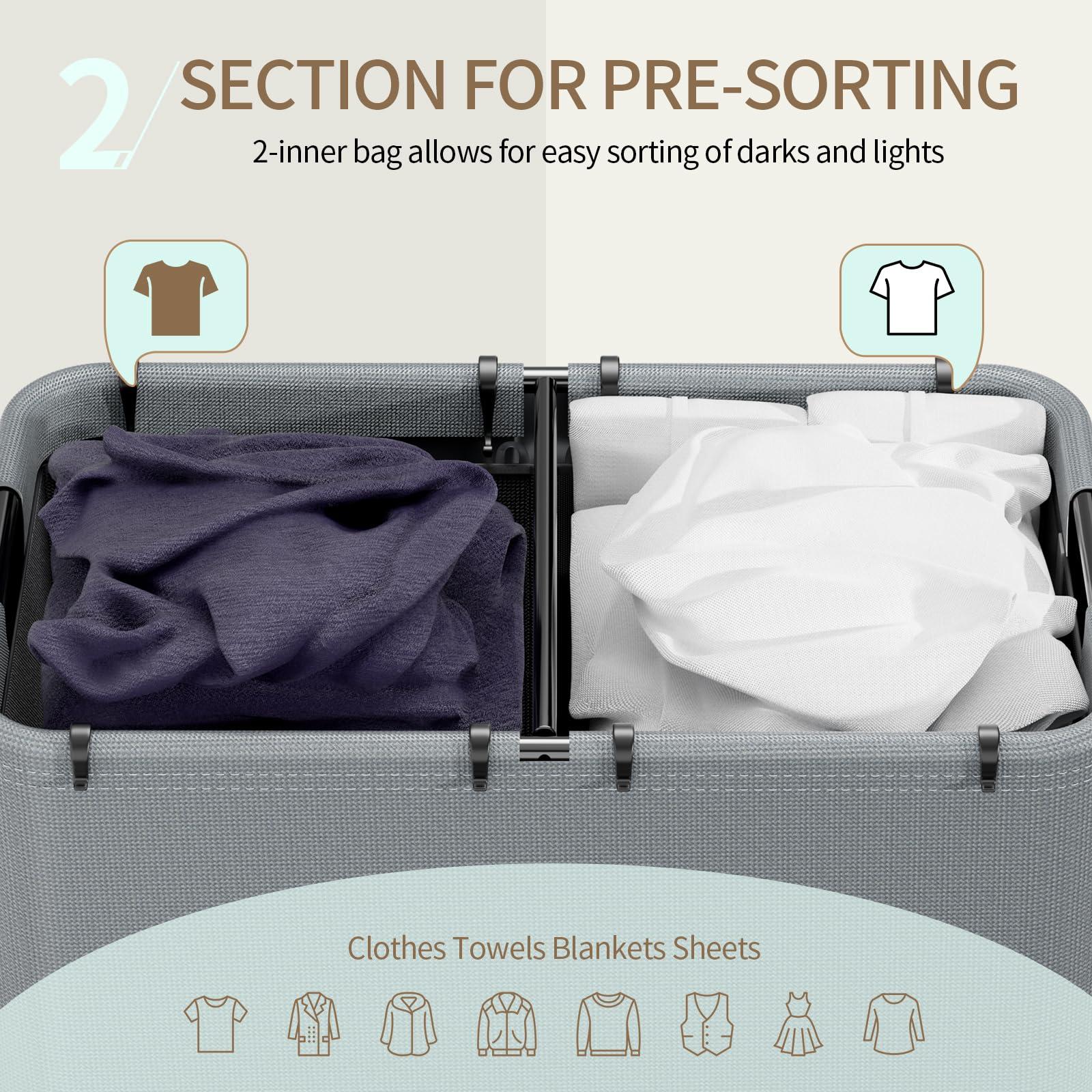 Yecaye 150L Laundry Hamper with Wheels, Rolling Laundry Basket with Lid and 2 Removable Laundry Bag, Large Capacity 2 Section Clothes Hampers for Laundry Room, Bedroom, Bathroom, Dorm, Grey - Image 4