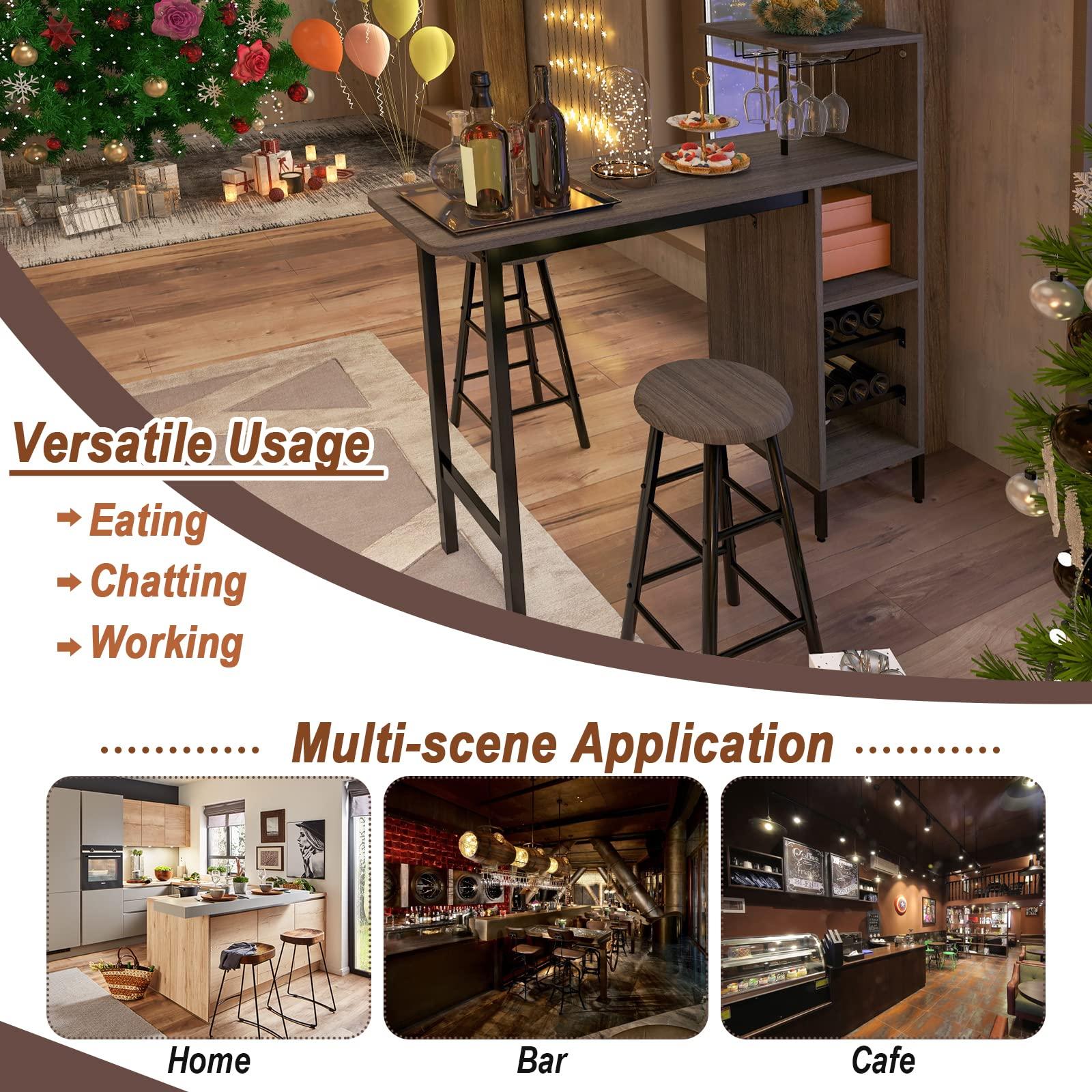 COSTWAY 3 Pieces Bar Table and Chair Set, Industrial Pub Table & Stools with Wine Glass Holders & 6-Bottle Wine Racks, Counter Height Dining Table Set for Living Room Dining Room Kitchen, Brown - Image 9