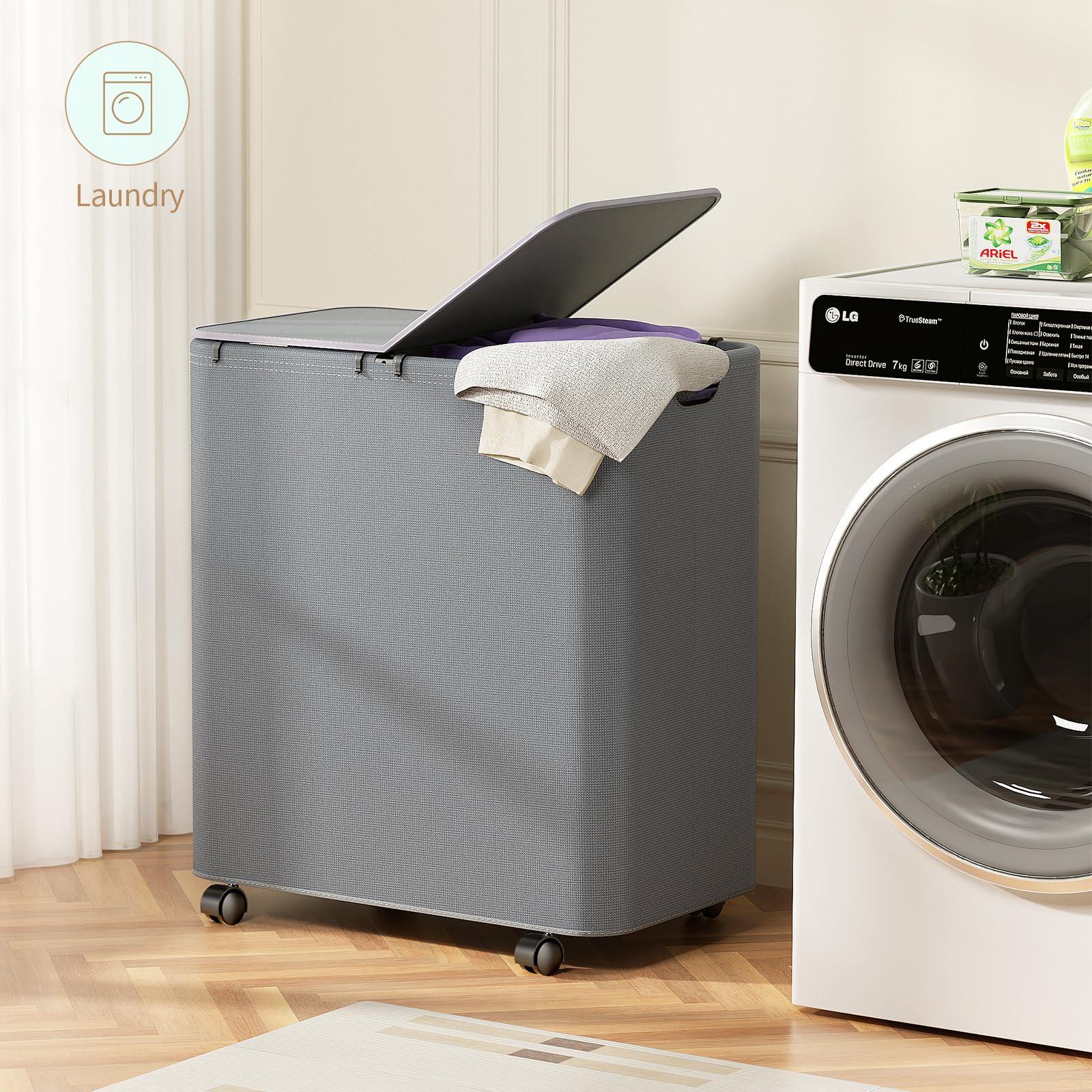 Yecaye 150L Laundry Hamper with Wheels, Rolling Laundry Basket with Lid and 2 Removable Laundry Bag, Large Capacity 2 Section Clothes Hampers for Laundry Room, Bedroom, Bathroom, Dorm, Grey - Image 2