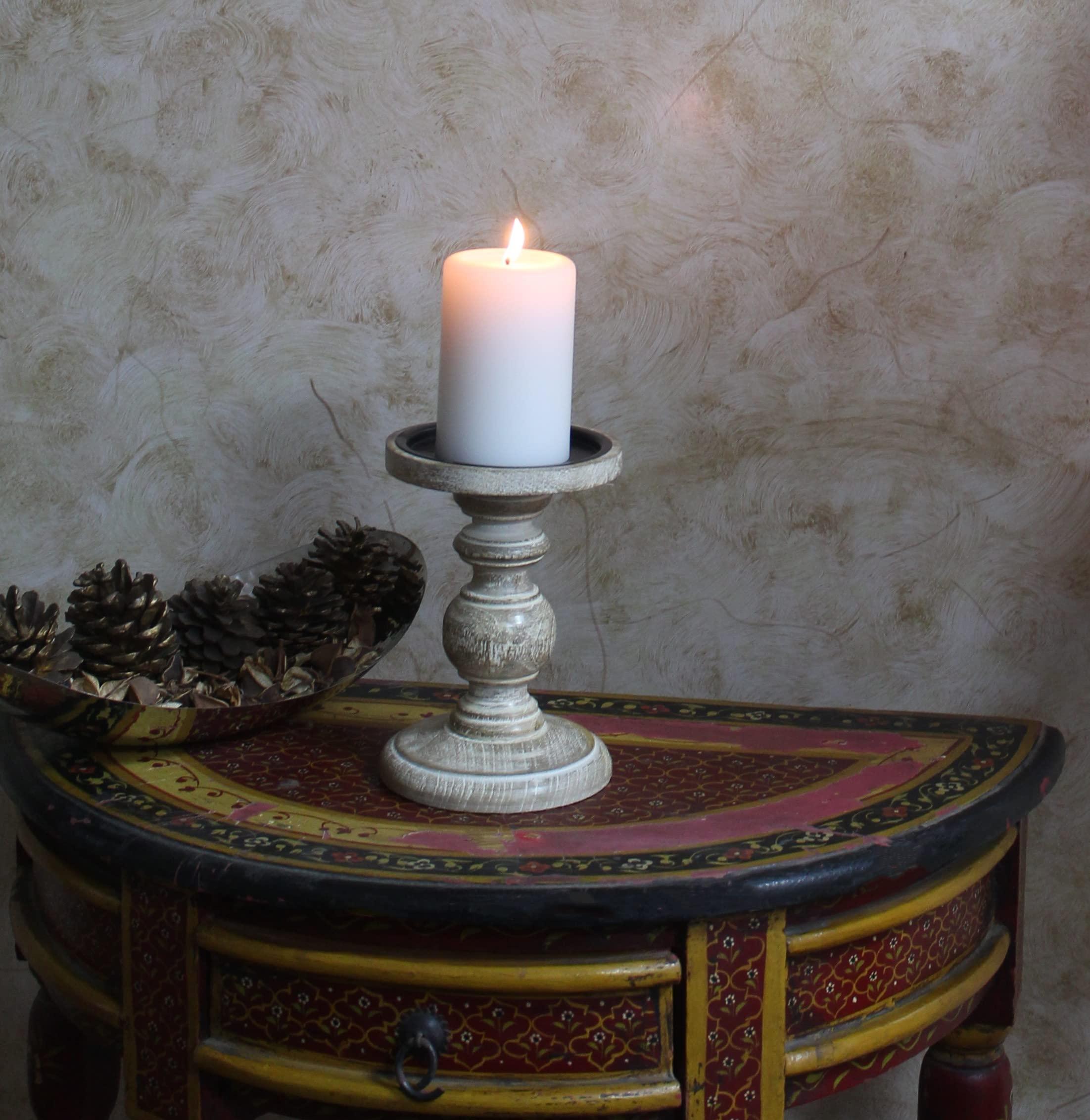 Hosley Set of 2 Antique White Wooden Pillar Candle Holder Country Style 7 Inch High Ideal Gift for Wedding Party Special Occasion or as a Candle Holder - Image 3
