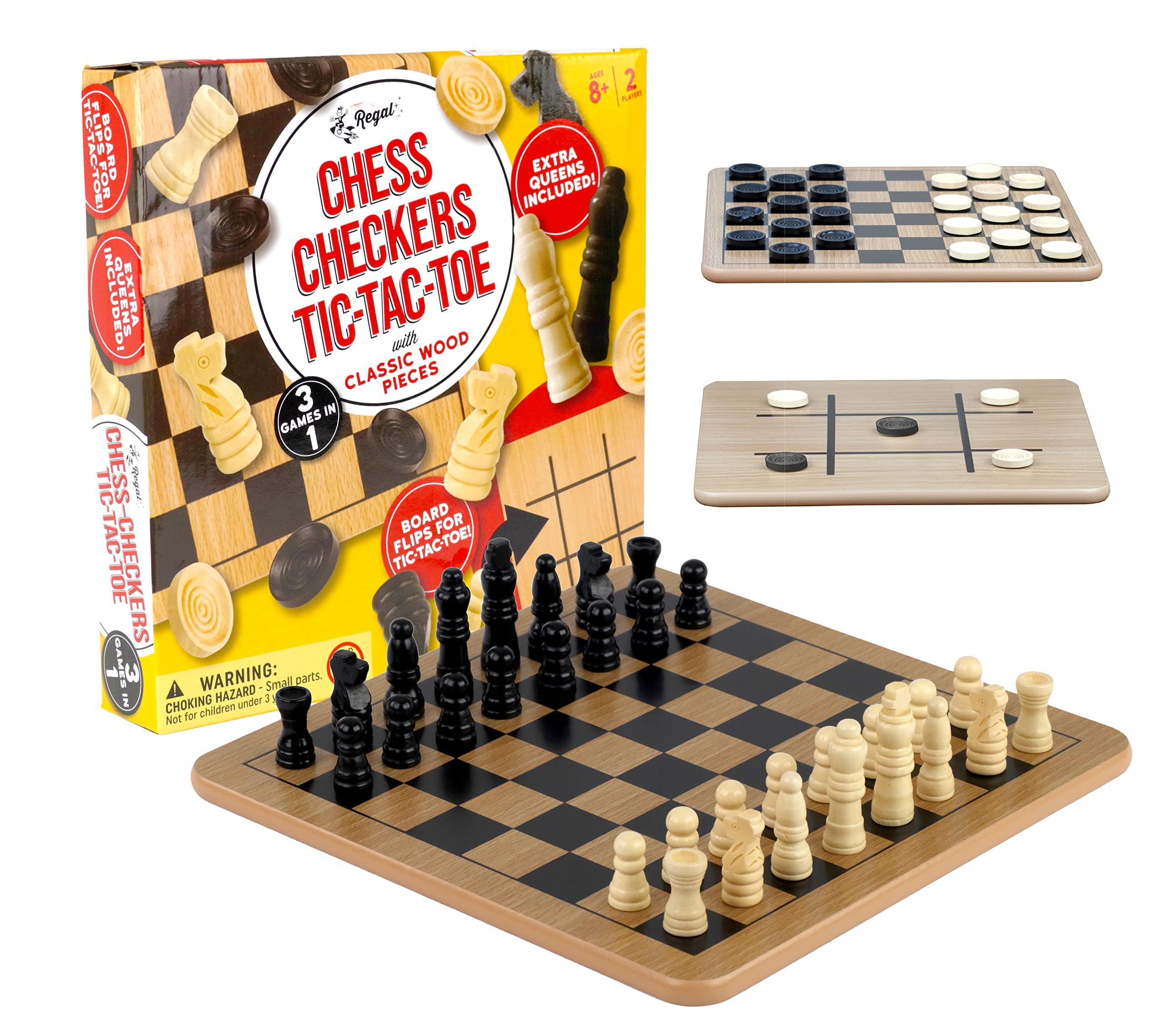 Regal Games - Reversible Wooden Board for Chess, Checkers & Tic-Tac-Toe - 24 Interlocking Wooden Checkers and 32 Standard Chess Pieces - for Age 8 to Adult for Family Fun - Image 7