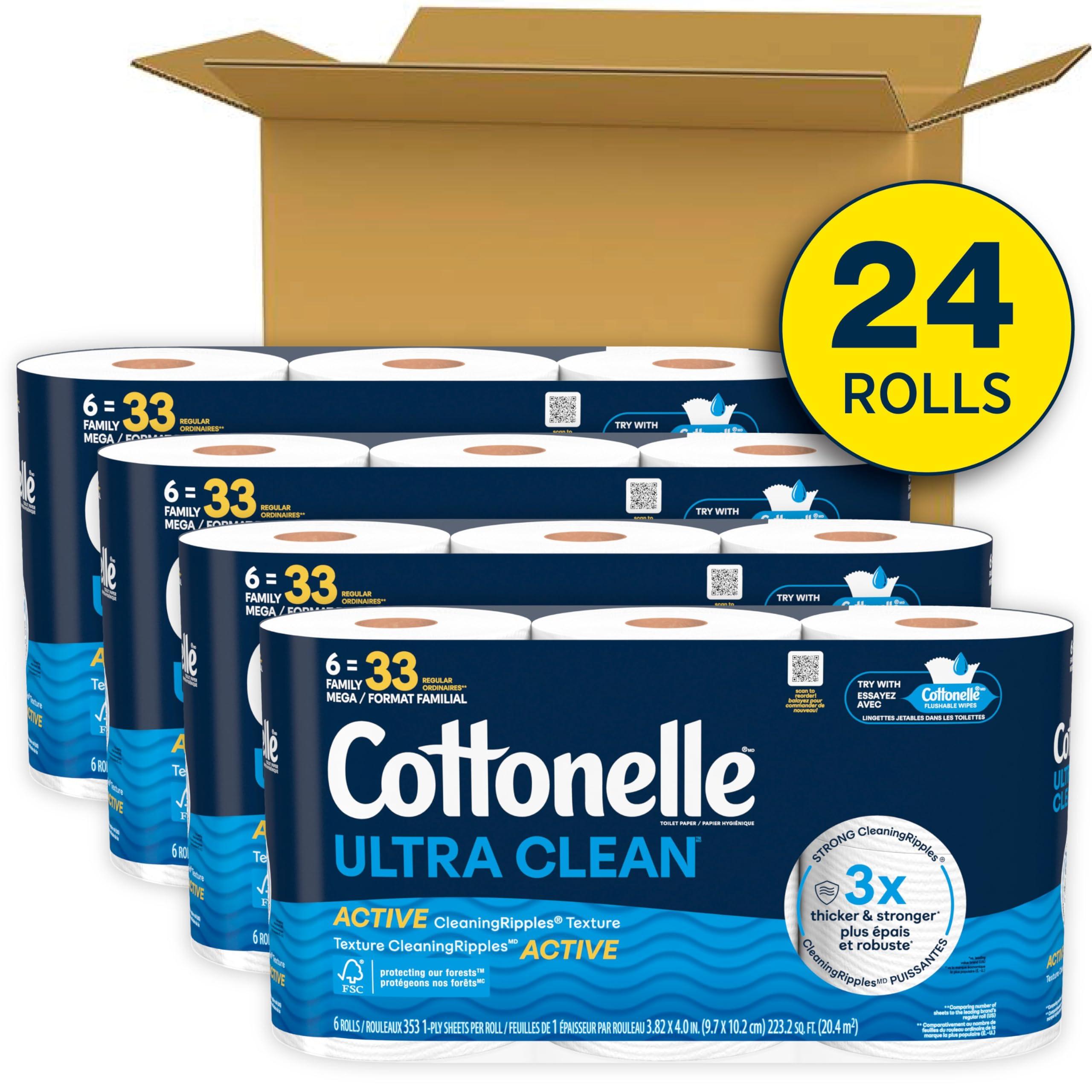 Cottonelle Ultra Clean Toilet Paper with Active CleaningRipples Texture, Strong Bath Tissue, 24 Family Mega Rolls = 132 Regular Rolls (4 Packs of 6) - Image 2