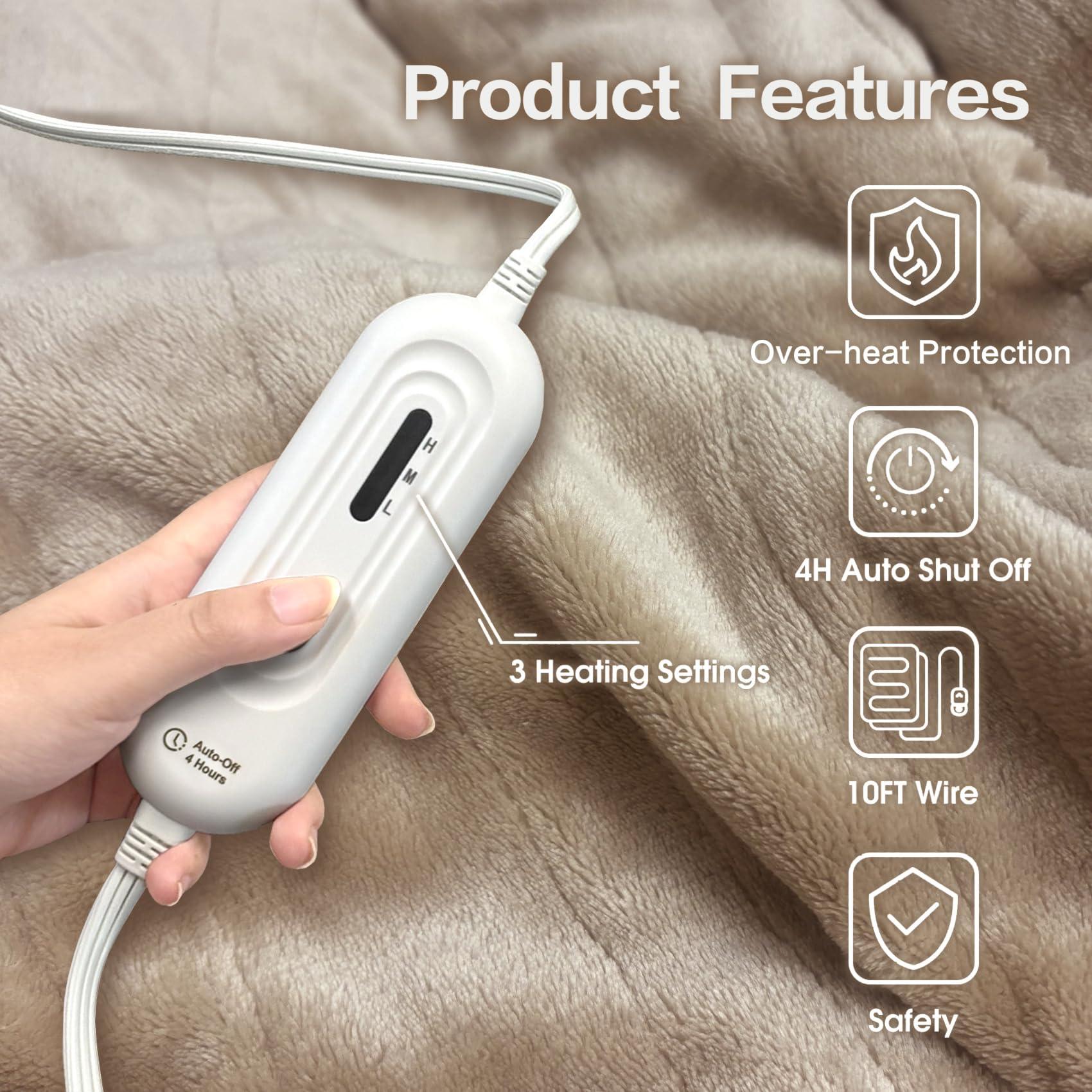 Tefici Electric Heated Blanket Throw, Super Cozy Soft 2-Layer Flannel 50" x 60" Heated Throw with 3 Heating Levels & 4 Hours Auto Off, Machine Washable, ETL&FCC Certified, Home Office Use,Camel - Image 4
