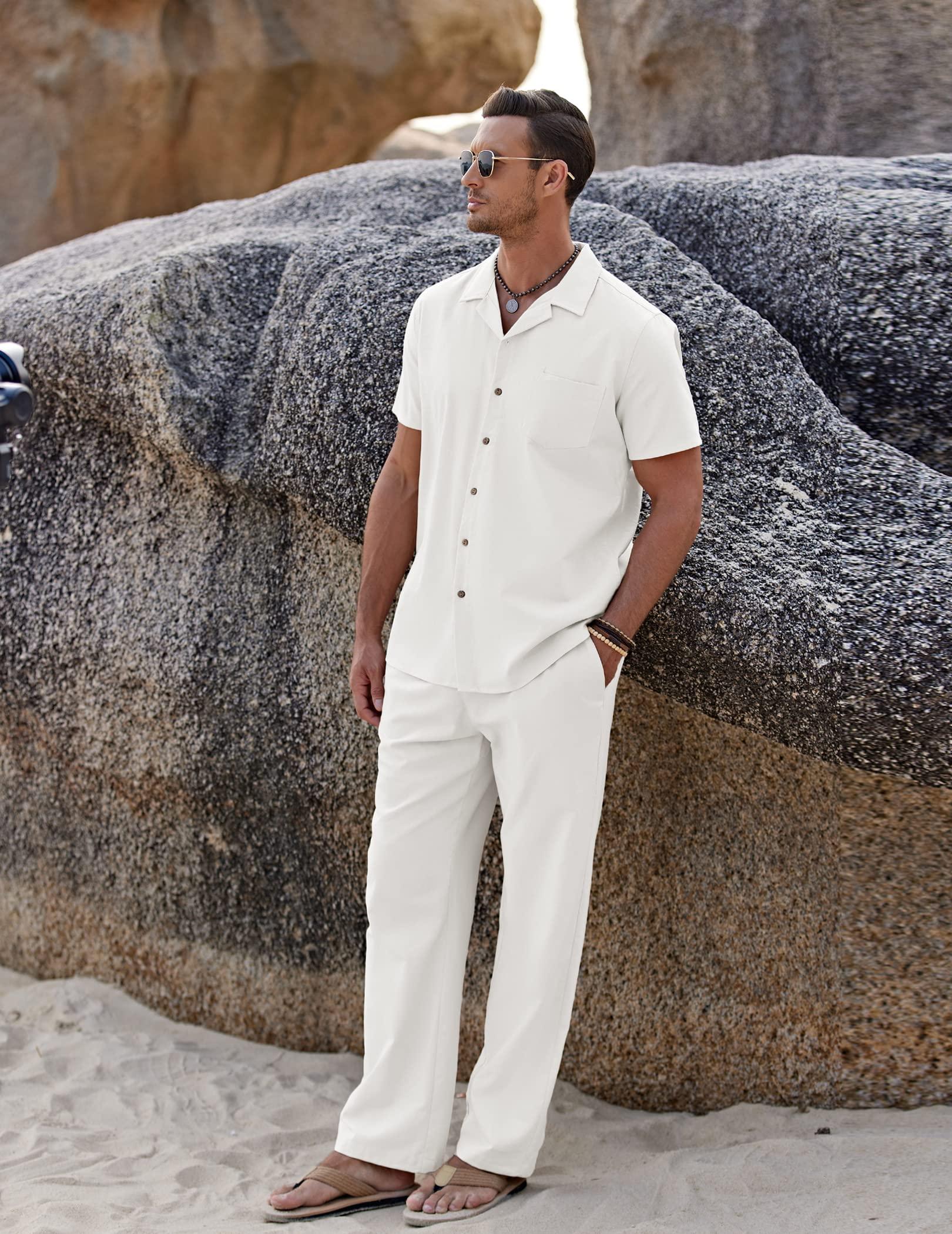 COOFANDY Men 2 Piece Linen Outfit Beach Button Down Shirt Casual Loose Pant Sets - Image 4