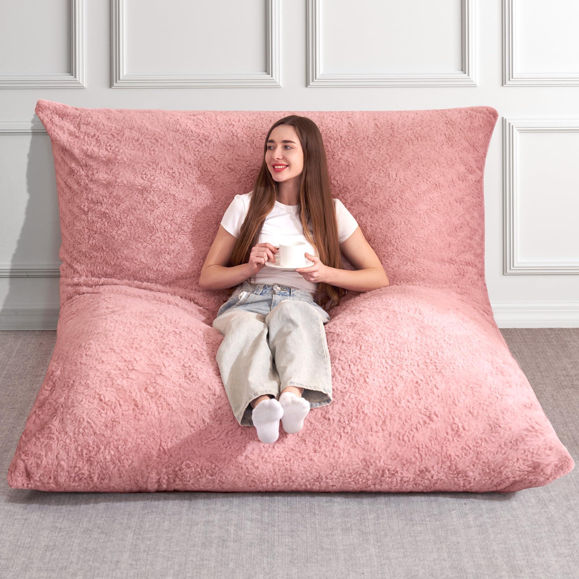 HABUTWAY 4 in 1 Bean Bag Chair, Giant Memory Foam Filling Bean Bag Sofa, Adult Bean Bag Chair, Machine Washable Faux Fur Cover, Bean Bag for Adult (Pink)