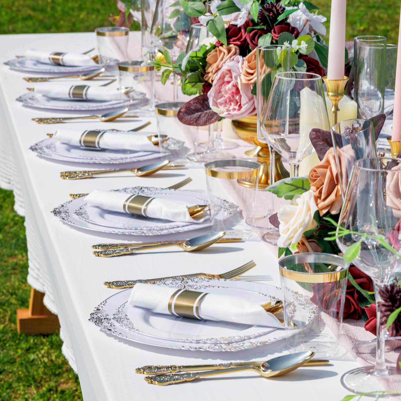 Nervure 350PCS Gold Plastic Plates - Gold Plastic Dinnerware Sets for 50 Guests - 100 Disposable Plates, 150 Silverware, 50 Cups, 50 Napkins for Wedding & Party & Graduation - Image 6