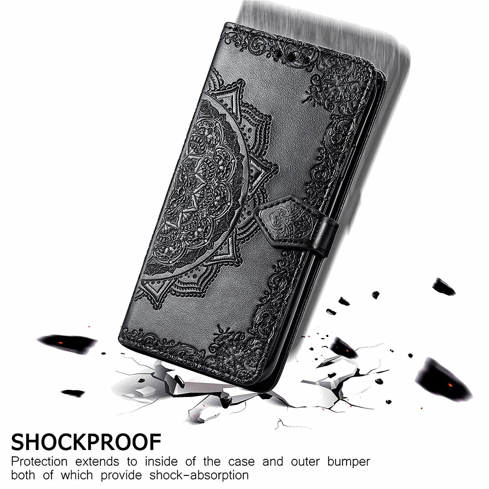 GuluGuru for iPhone 16 Pro Max Leather Phone Case, 3D Carved Relief Flower Lace Pattern Folio Flip Cover Kickstand, Floral Card Holder Cash Slot, Magnetic Clasp, Hand Wrist Strap - Image 4