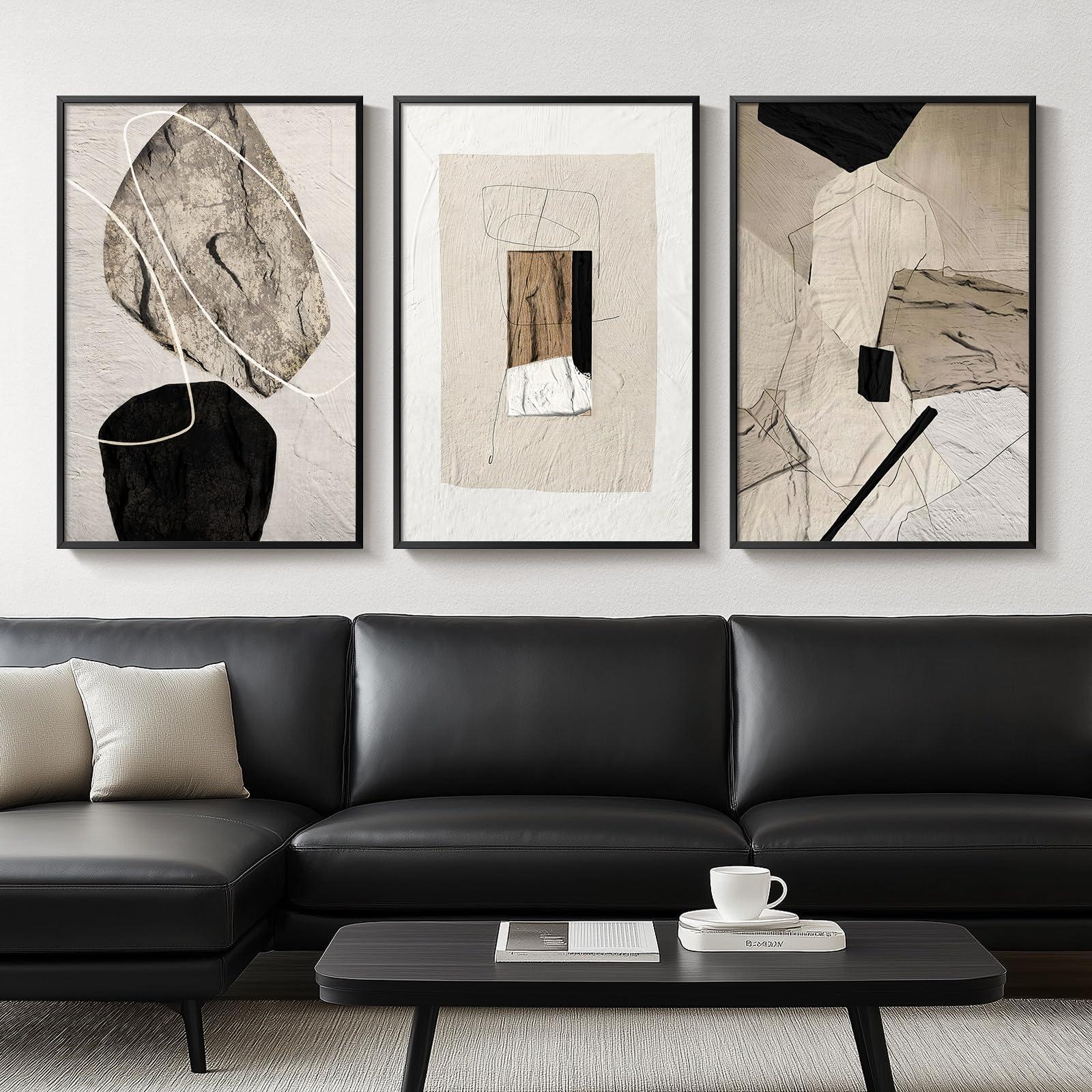 Large Framed Neutral Abstract Wall Art for Living Room, 3 Piece Modern Canvas Prints Paintings Artwork for Walls, Black and Beige Pictures for Living Room Hallway Stair Office Wall Decor 24x36 Inch - Image 3