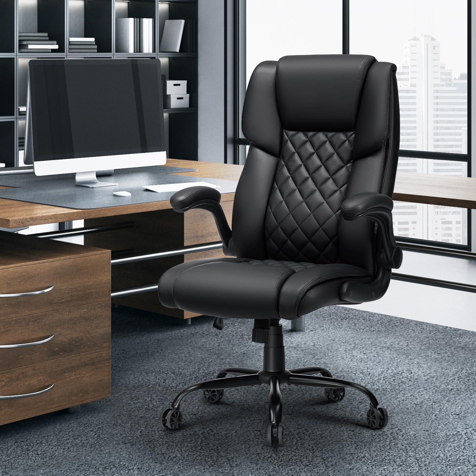 Big and Tall Office Chair 450lbs Heavy Duty Ergonomic Executive Desk Chair with Adjustable Lumbar Support High Back Home Computer Leather Chair with Padded Flip-up Arms for Heavy People Black - Image 2
