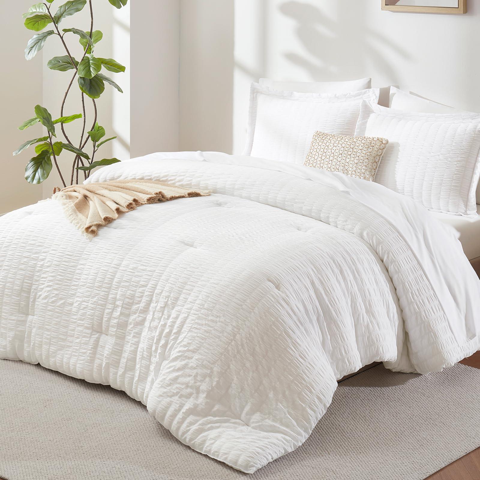 CozyLux Queen Comforter Set White Seersucker 7 Pieces Bed in a Bag Queen Comforter Set with Sheets, Luxury Soft Bedding Set with Down Alternative Comforter, Sheets, Pillowcases & Shams for All Seasons