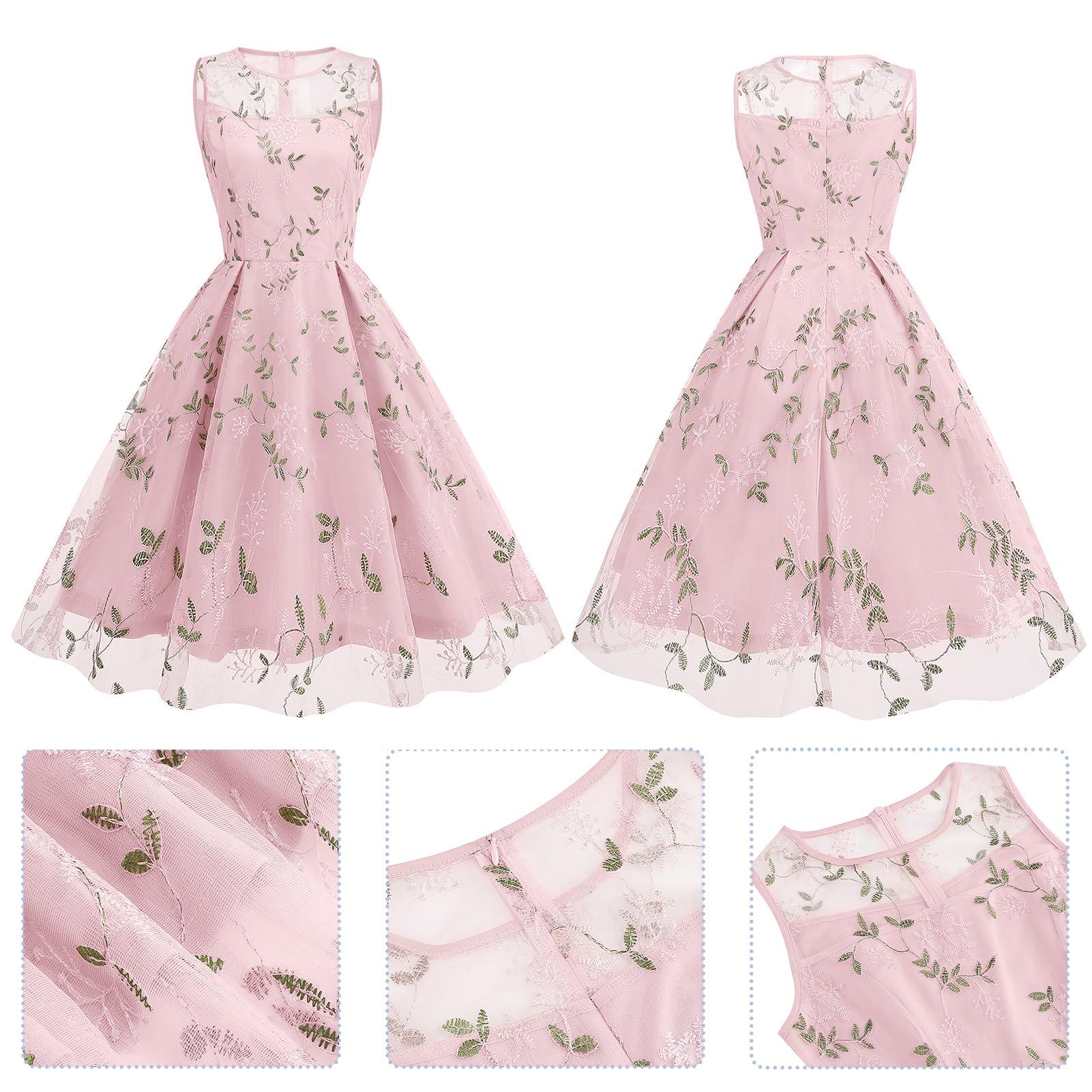 Women's Vintage 1950s Floral Embroidery Dress Sleeveless Mesh Cocktail Wedding Evening Party Prom Swing Dress - Image 6