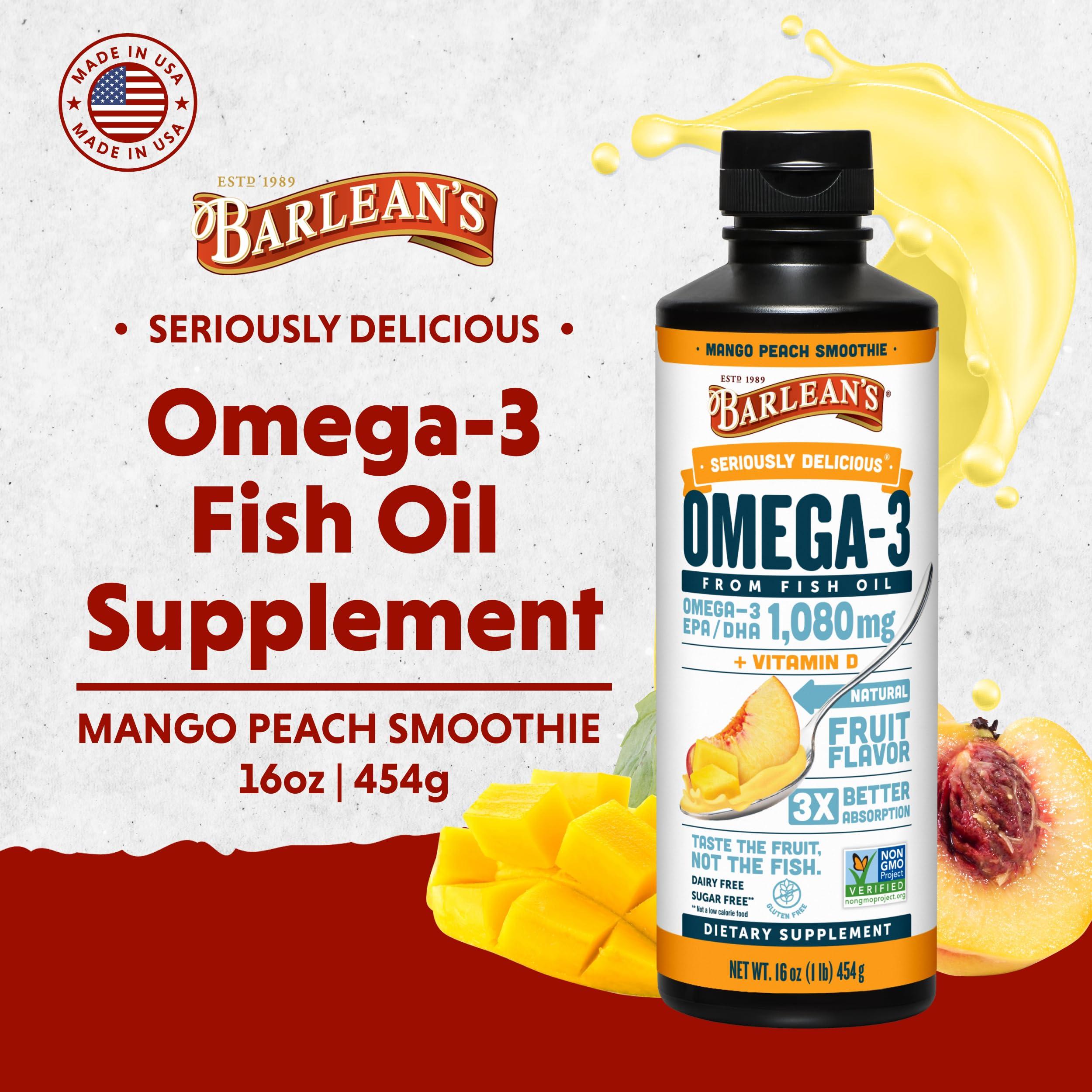 Barlean's Mango Peach Omega 3 Fish Oil Liquid Supplement with Vitamin D, 1080mg EPA & DHA Fatty Acid, Smoothie Flavored & Burpless for Brain, Joint, & Heart Health, 16 oz - Image 3