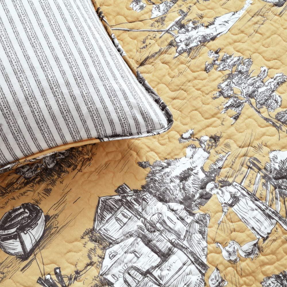 Lush Decor French Country Toile Cotton Reversible 3 Piece Quilt Set, Yellow & Gray, King - Image 6