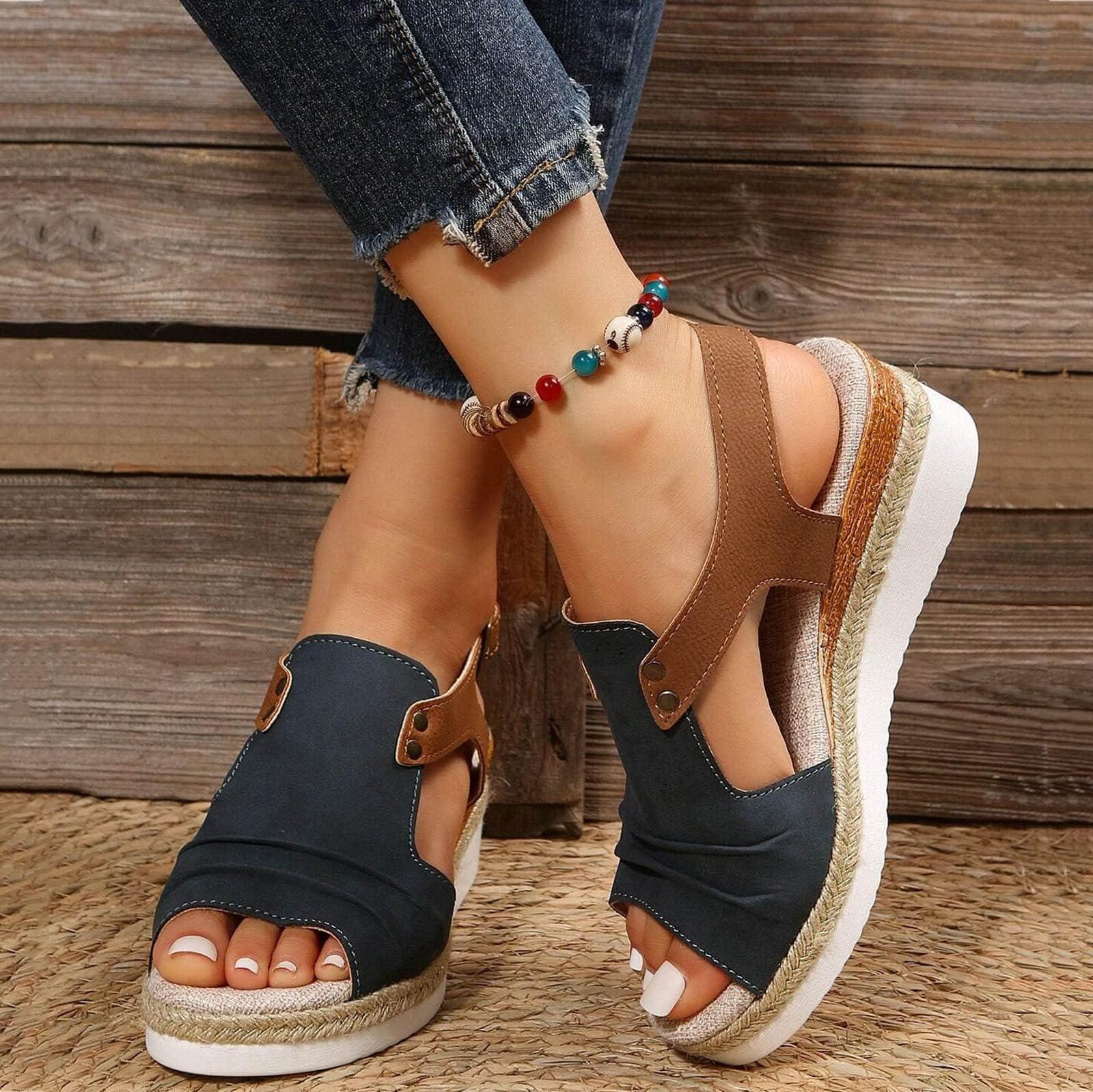 Navy Blue Sandals for Women 2025 Orthopedic Wedge Open Toe Shoes for Women Casual Summer Comfortable Boho Beach Slippers Comfortable Outdoor Shoes