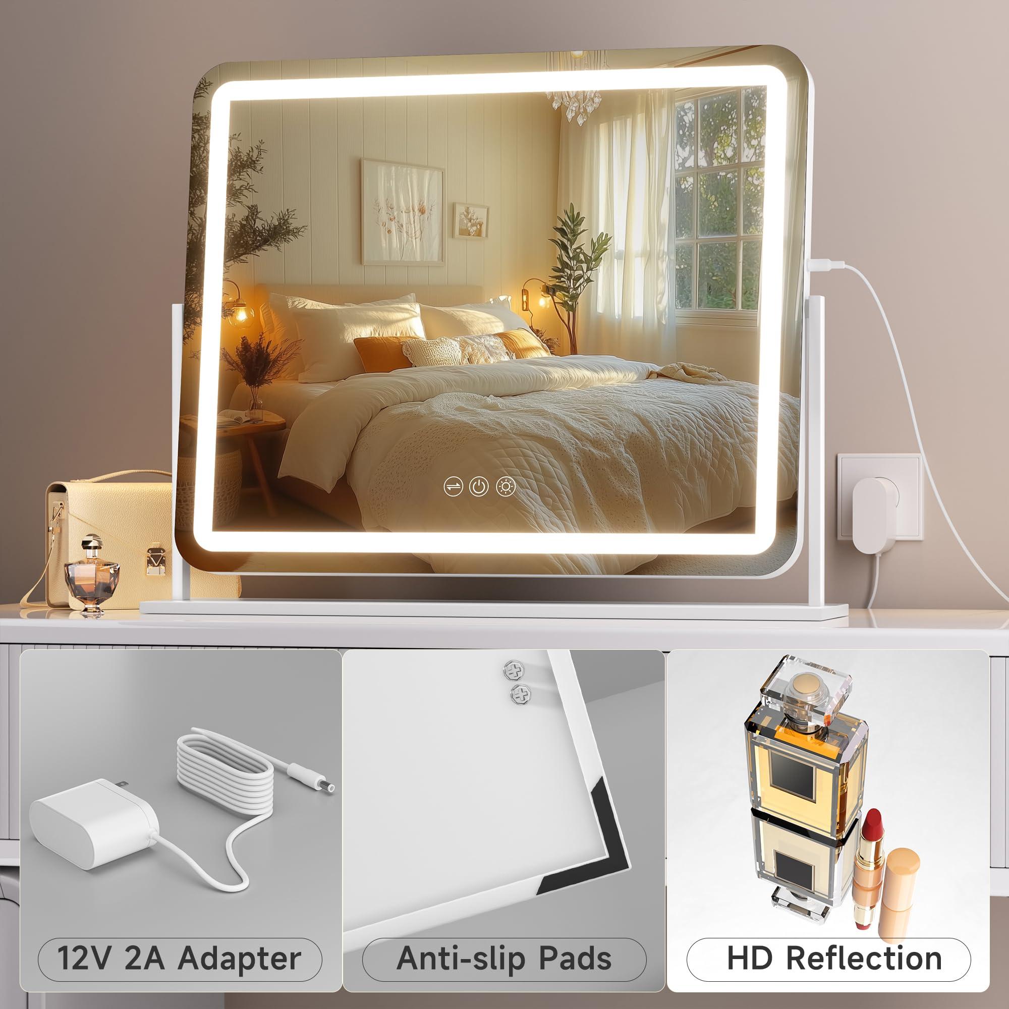 Hasipu Vanity Mirror with Lights, 22" x 18" LED Makeup Mirror, Light up Mirror with Smart Touch 3 Colors Dimmable, Brightness Adjustment, 360° Rotation (White) - Image 6