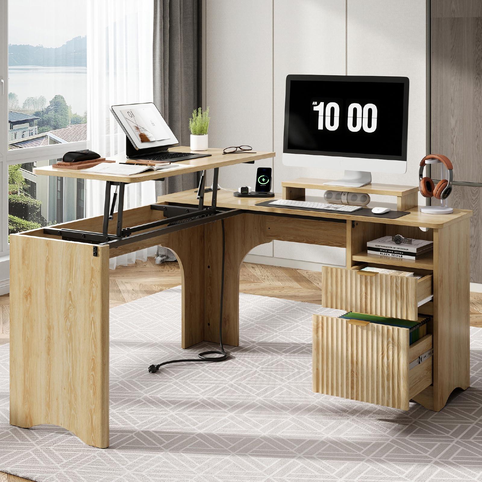 Bestier L Shaped Desk with Lift Desktop, 55 inch Corner Desk with Fluted Panel Deisgn Drawers, Modern Office Desk with File Drawer (Natual Oak, 55'' x 55'' Lift Top) - Image 2