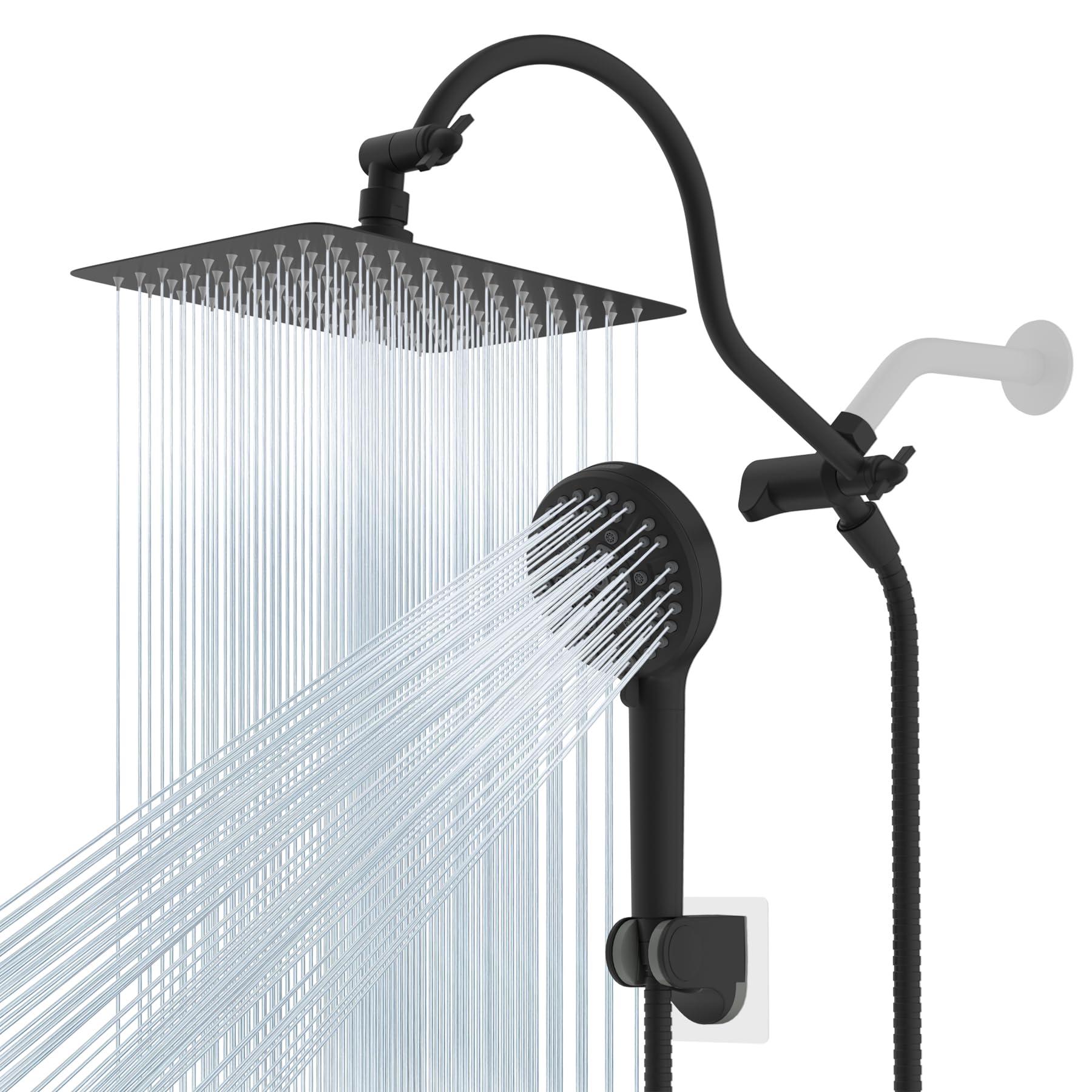 Hibbent All Metal High Pressure Rainfall 10 Inch Shower Head/Handheld Showerhead Combo/ 12 Inch Adjustable Curved Shower Extension Arm, 10-Spray, 71-inch Hose, Adhesive Showerhead Holder, Matte Black