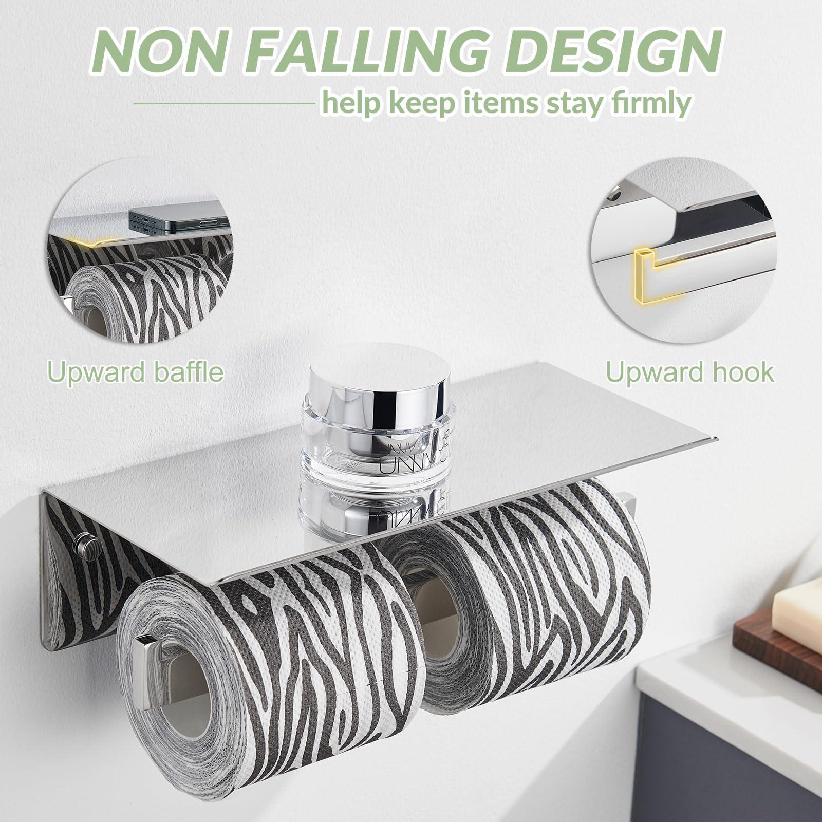 APLusee Double Toilet Paper Holder with Phone Shelf, 304 Stainless Steel Bathroom Tissue Hanger, Wall Mounted Dual Roll Paper Dispenser, Polished Chrome - Image 6