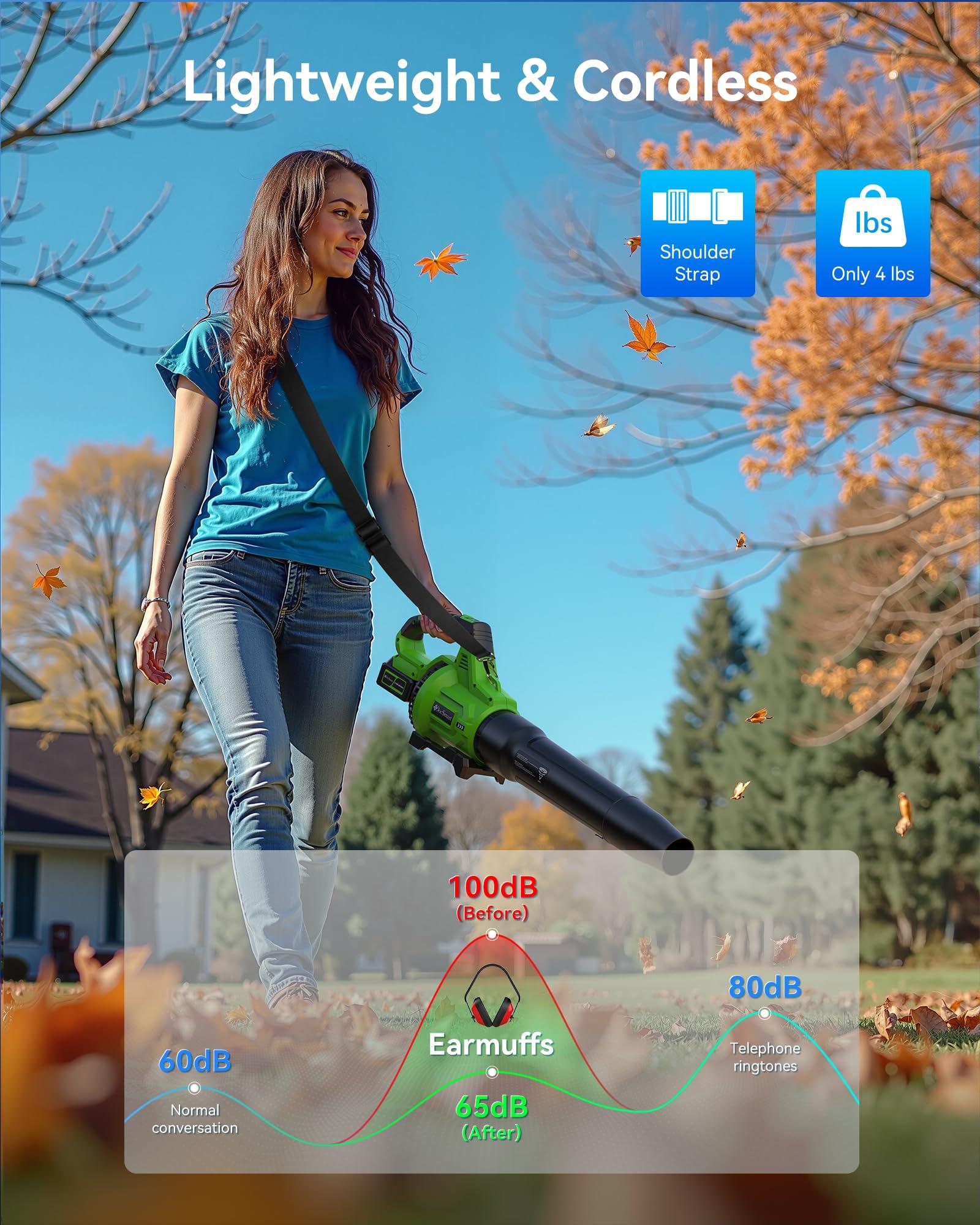 Cordless Leaf Blower 2x4.0Ah Battery Powered Electric Leaf Blower with Noise-Reduction Earmuffs, 165 MPH 650 CFM Garden Tools for Lawn Care, Yard, Patio, Garage - Image 6