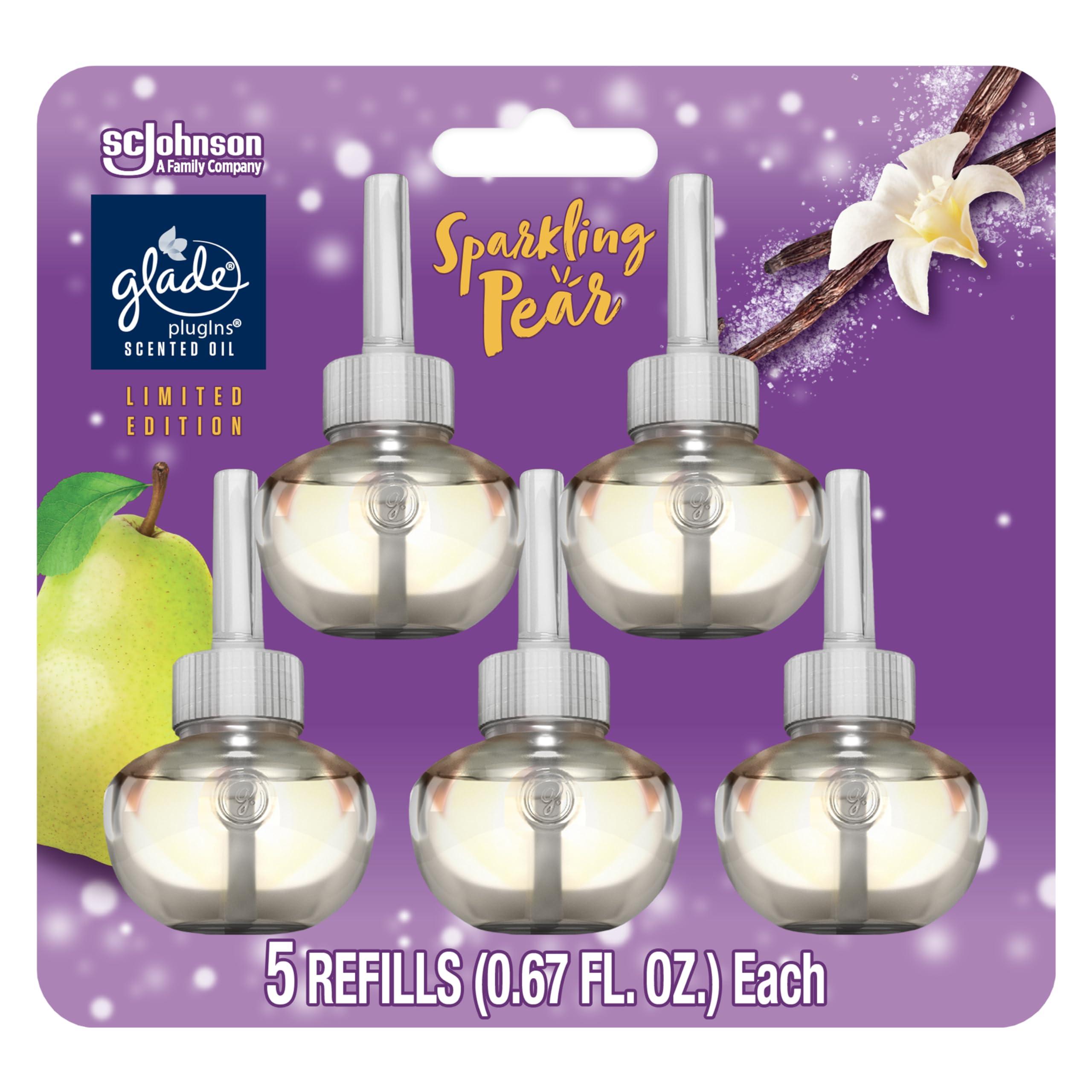 Glade PlugIns Refills Air Freshener, Scented and Essential Oils for Home and Bathroom, Sparkling Pear, Limited Edition Scent, 3.35 Fl Oz, 5 Count