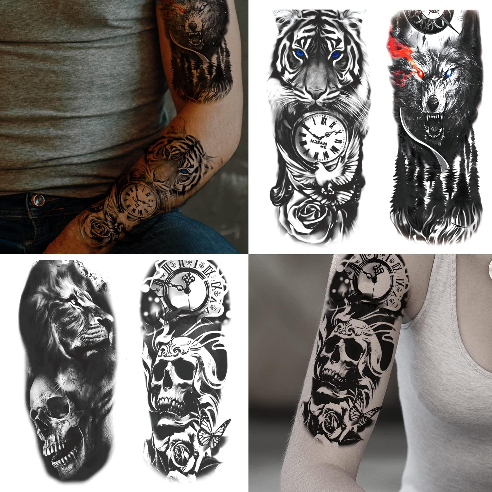 JEEFONNA 72 Sheets Temporary Tattoo for Men Women Adults, Include 12 Sheets Black 3D Half Sleeve Temporary Tattoos, Halloween Tattoos Scary Lion Wolf Tiger Skull Skeleton Tattoos Stickers - Image 4