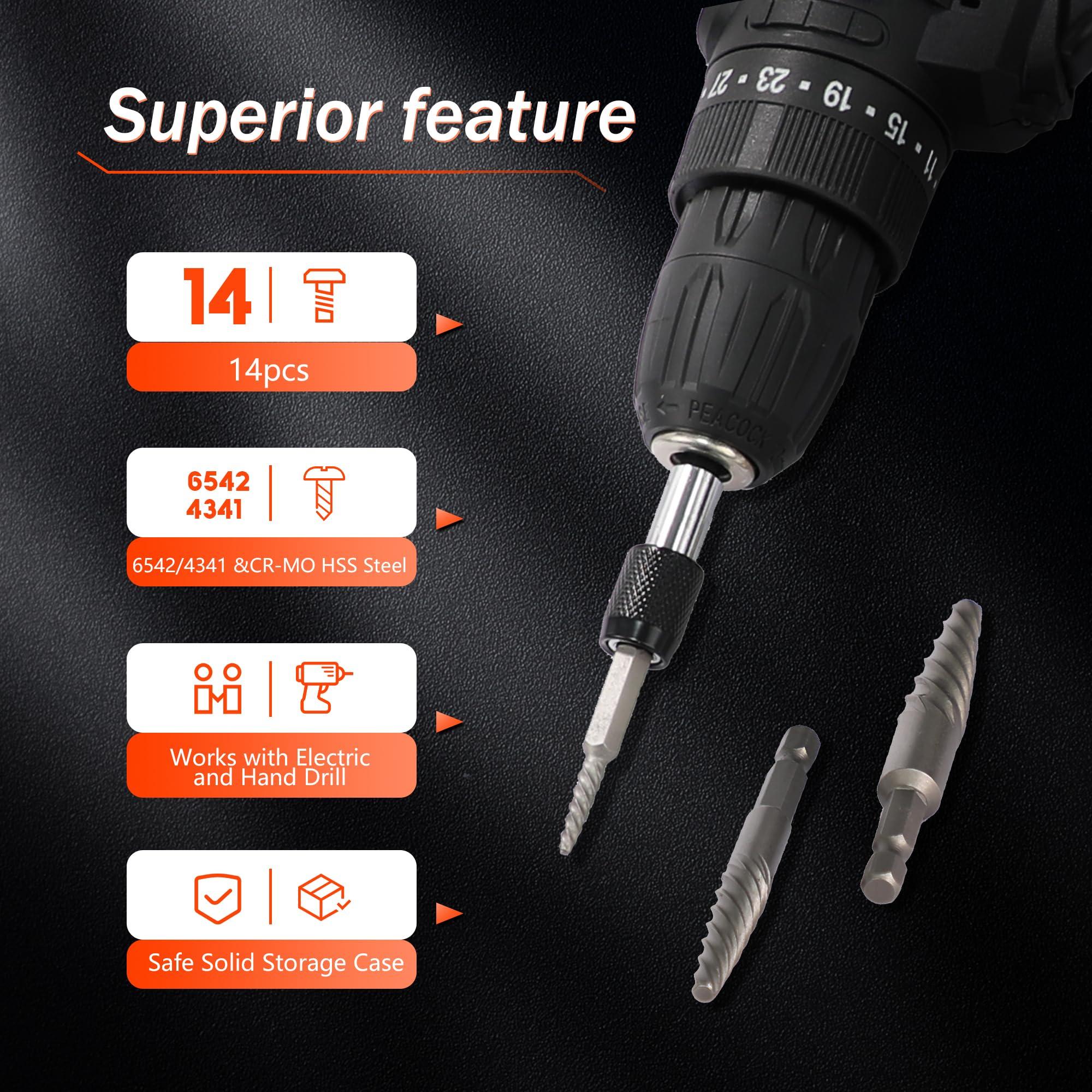 UYECOVE 14PCS Spiral Screw Extractor Set with Tungsten Carbide Tip Scriber Pen - 6542/4341 HSS Steel Cobalt Left Hand Drill Bits Set - 1/4'' Adapter - Removing Stripped Screws Bolts - Image 8