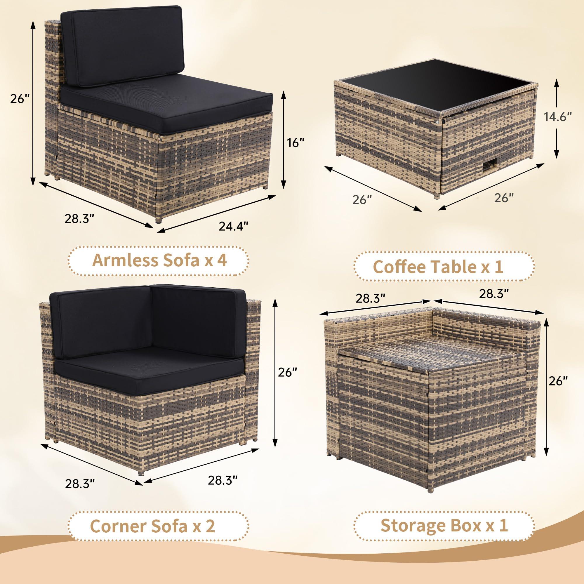 KROFEM 8 Piece Outdoor Wicker Patio Furniture Sectional Set, Glass Top Table with Hidden Storage, Includes 7 Seating Components, Natural Rattan with Black Overstuffed Cushions - Image 2