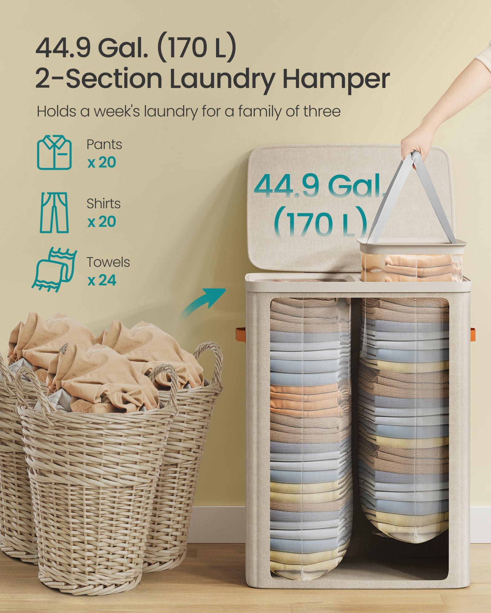 SONGMICS Laundry Basket, 44.9 Gal. Laundry Hamper, 2 Compartments, Easy Assembly, with Lid and Handles, Removable Inner Bags, 22 x 15.7 x 29.5 Inches, Cappuccino Beige ULCB813L01 - Image 5