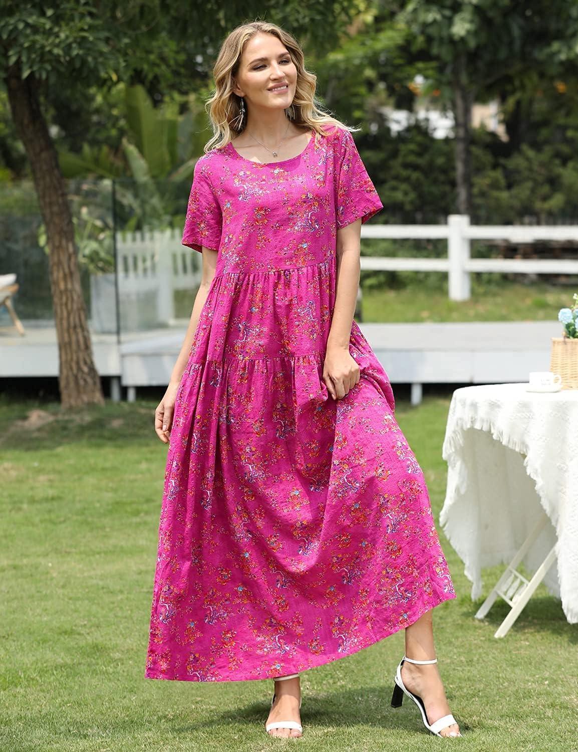 YESNO Women Casual Loose Bohemian Floral Dress with Pockets Short Sleeve Long Maxi Summer Beach Swing Dress EJF - Image 3