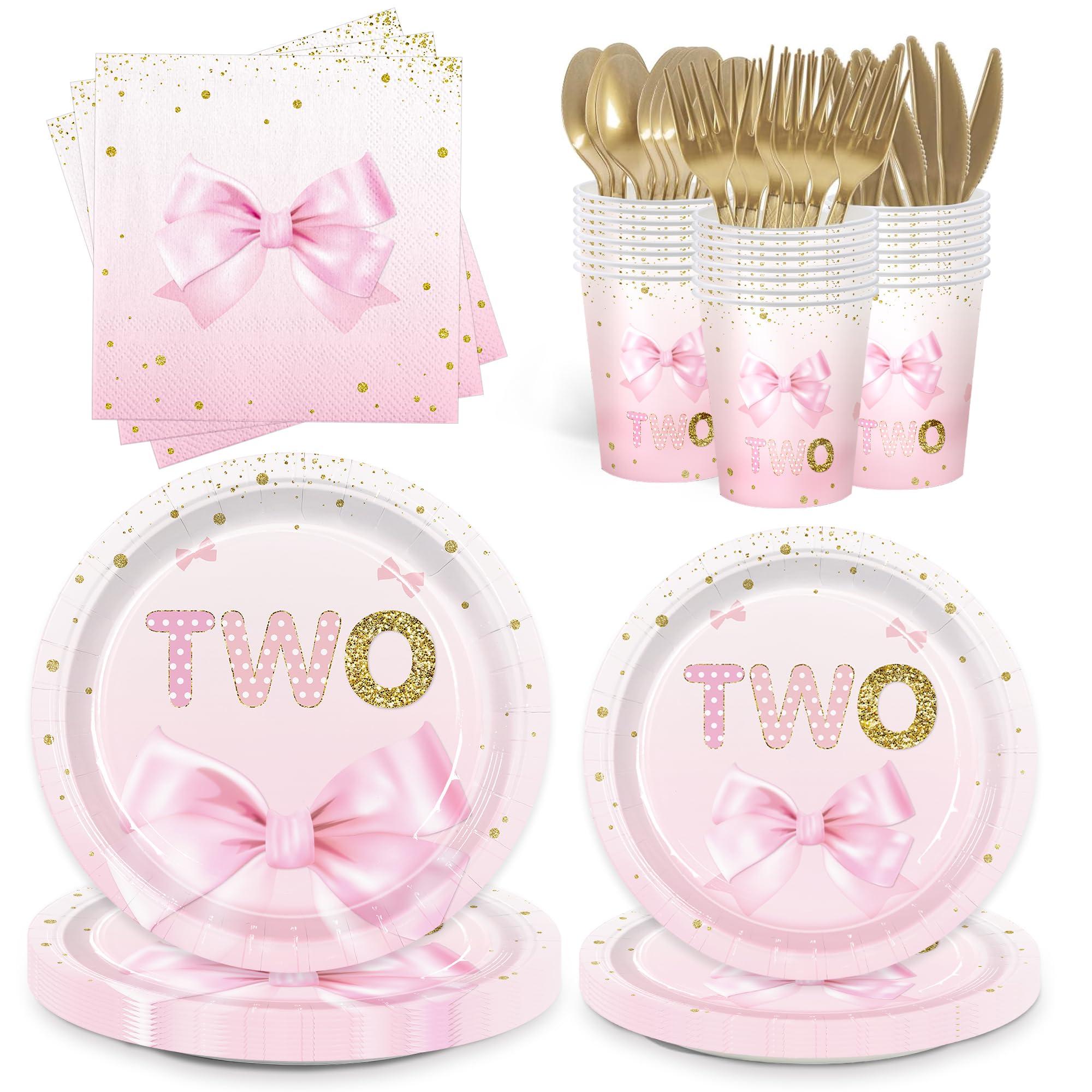 168pcs Birthday Decorations Girls 2nd Plates Napkins Party Supplies Two Years Old Paper Tableware Set Disposable Birthday Party Dinnerware Kids Serve 24 Guests